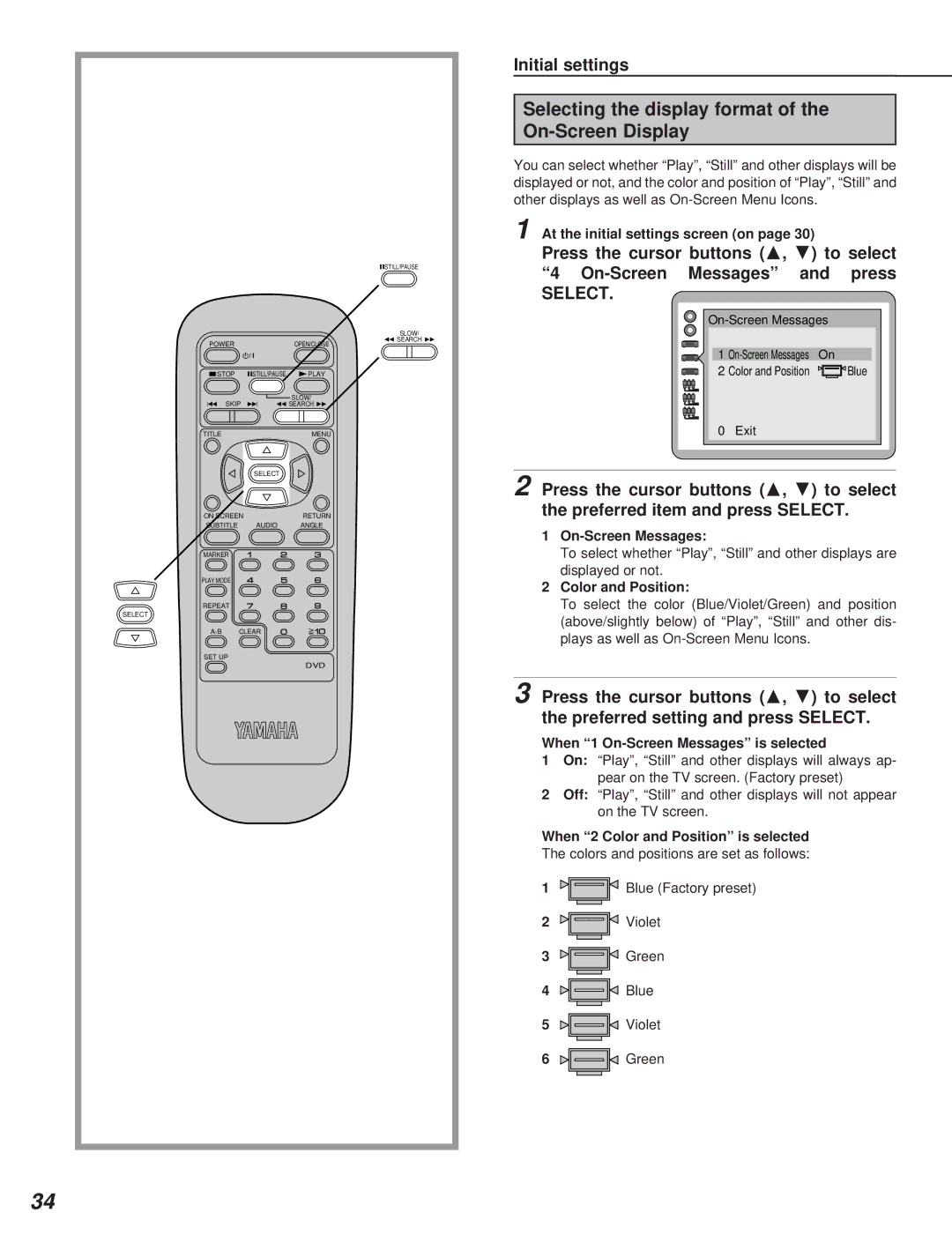 Yamaha DVD-S795 manual Selecting the display format On-Screen Display, On-Screen Messages, Color and Position 