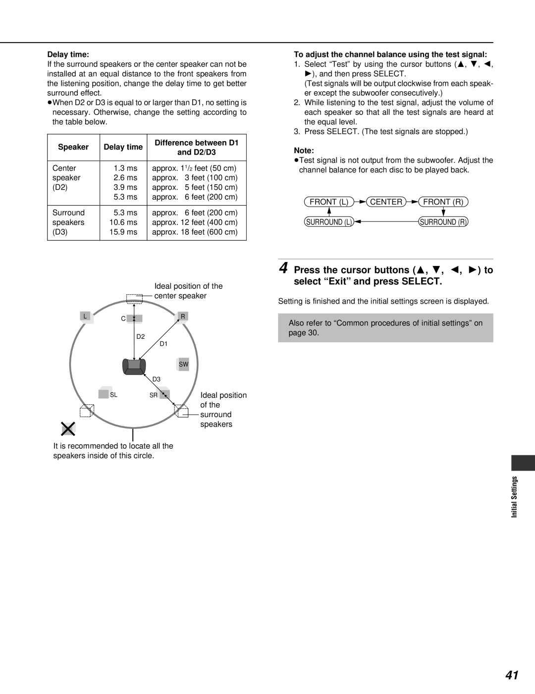 Yamaha DVD-S795 Speaker Delay time Difference between D1 D2/D3, To adjust the channel balance using the test signal 