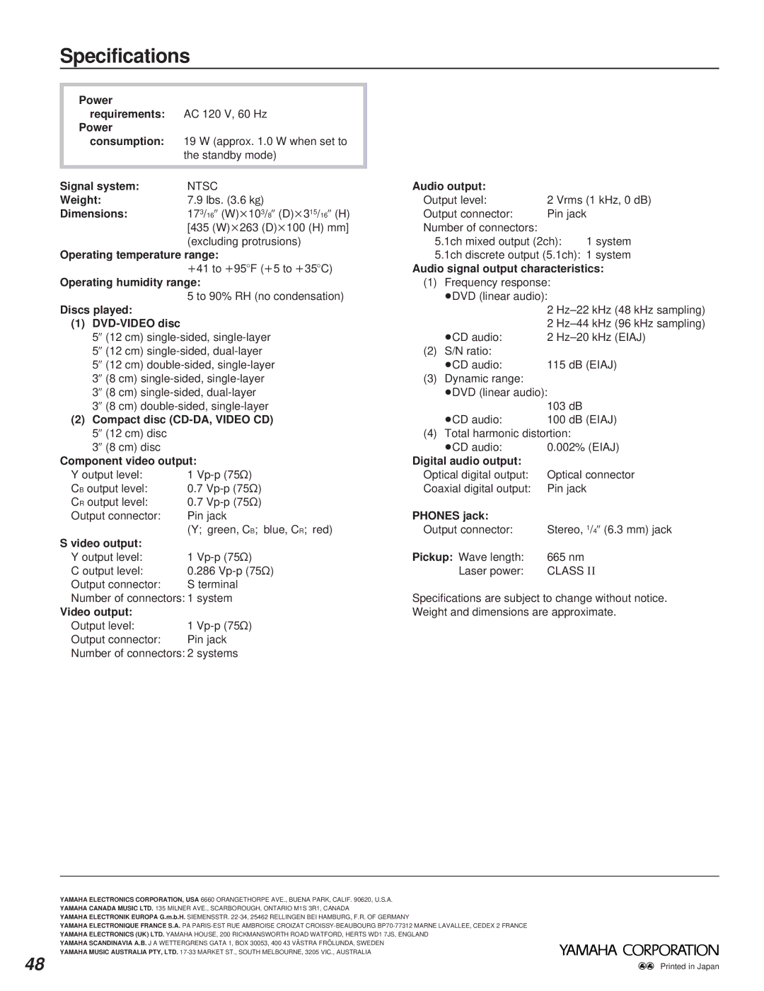 Yamaha DVD-S795 manual Specifications 