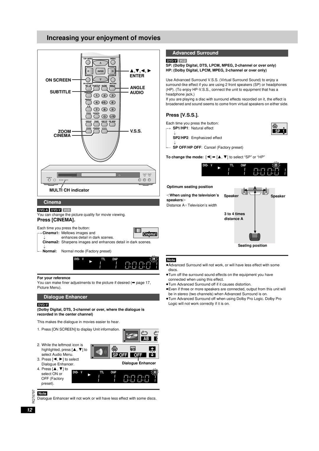 Yamaha DVD-S830 owner manual Increasing your enjoyment of movies, Cinema, Dialogue Enhancer, Advanced Surround 