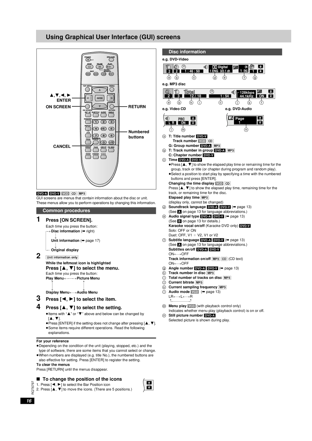 Yamaha DVD-S830 owner manual Using Graphical User Interface GUI screens, Disc information, Common procedures 