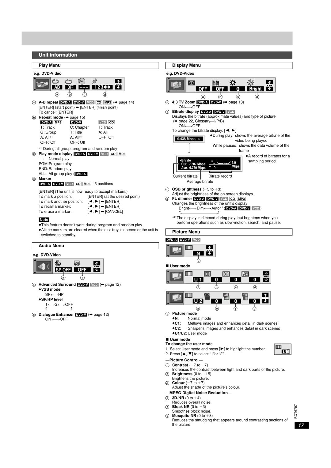 Yamaha DVD-S830 owner manual Unit information, Play Menu, Display Menu, Picture Menu, Audio Menu 