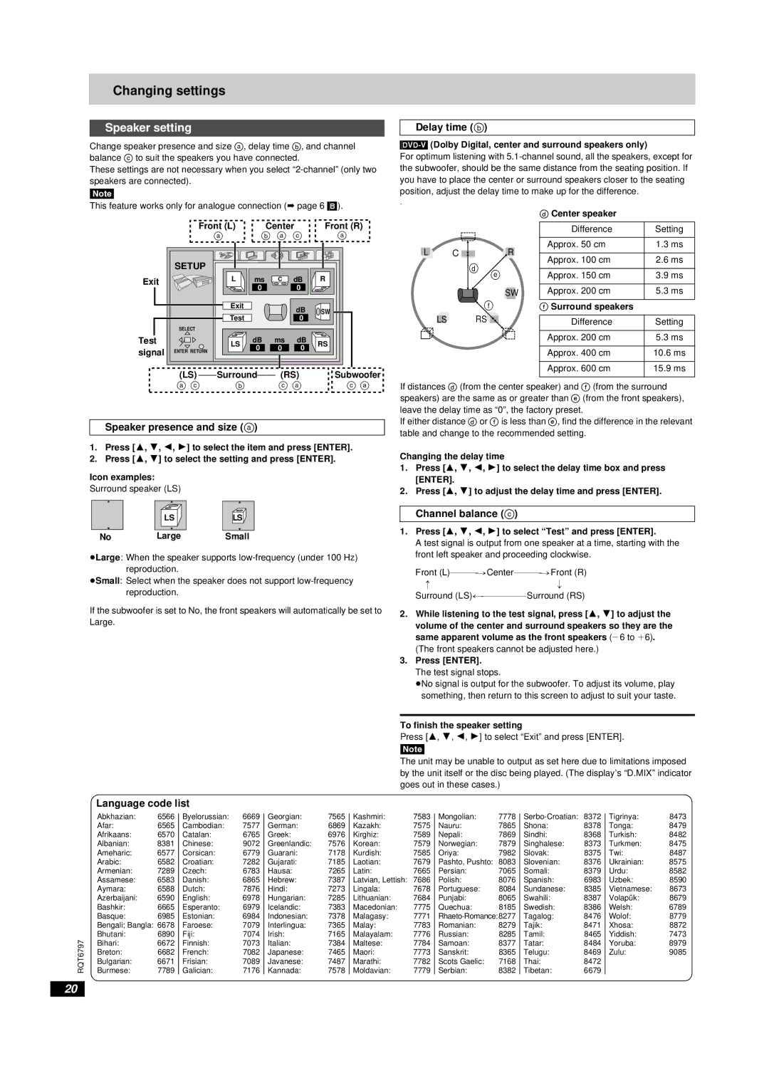 Yamaha DVD-S830 owner manual Changing settings, Speaker setting 