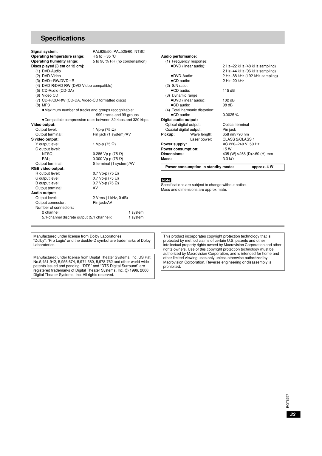 Yamaha DVD-S830 owner manual Specifications 