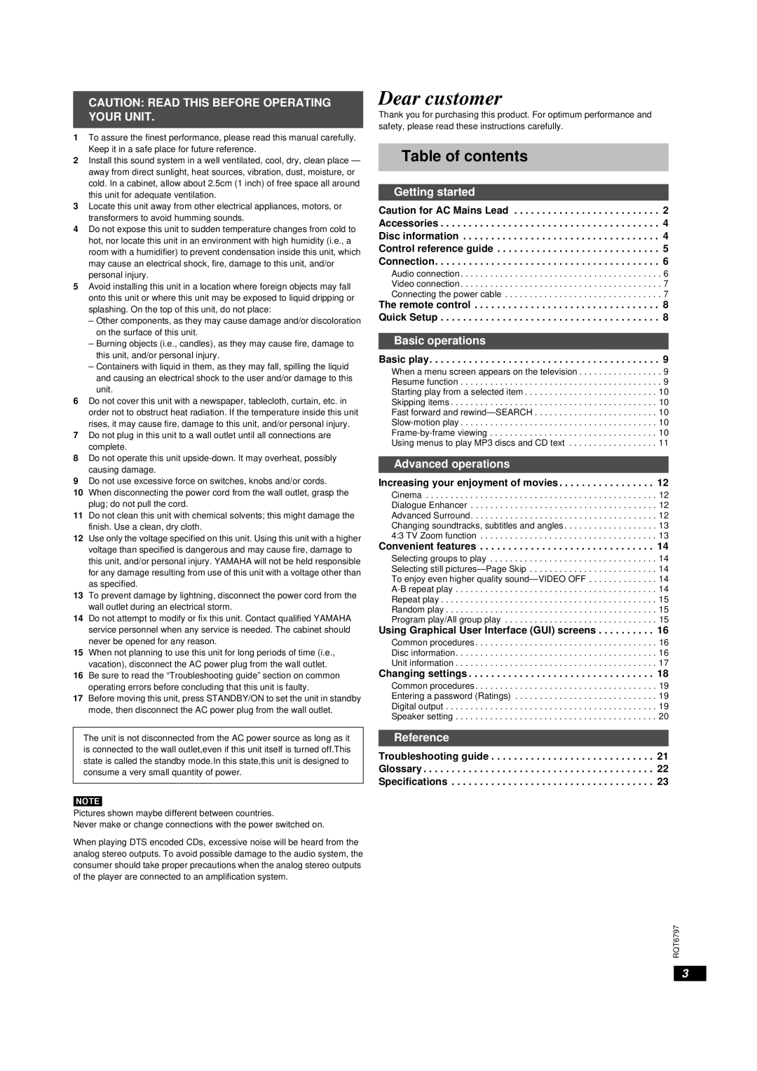 Yamaha DVD-S830 owner manual Dear customer, Table of contents 