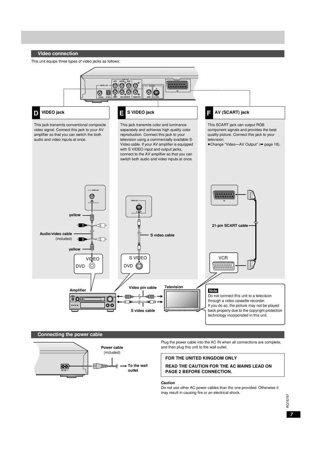 Yamaha DVD-S830 owner manual Video connection, Connecting the power cable, Video jack, AV Scart jack 