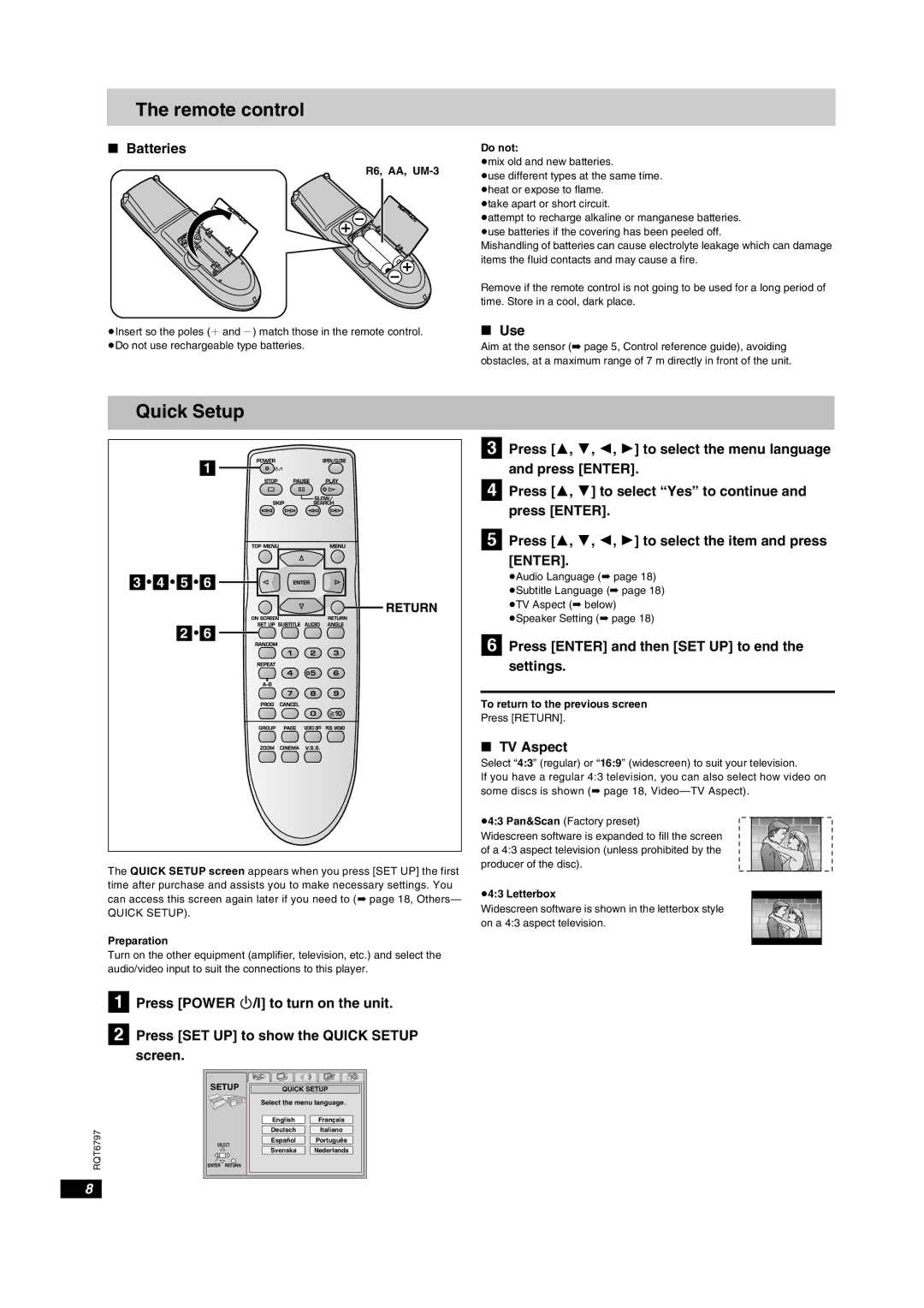 Yamaha DVD-S830 owner manual Remote control, Quick Setup 