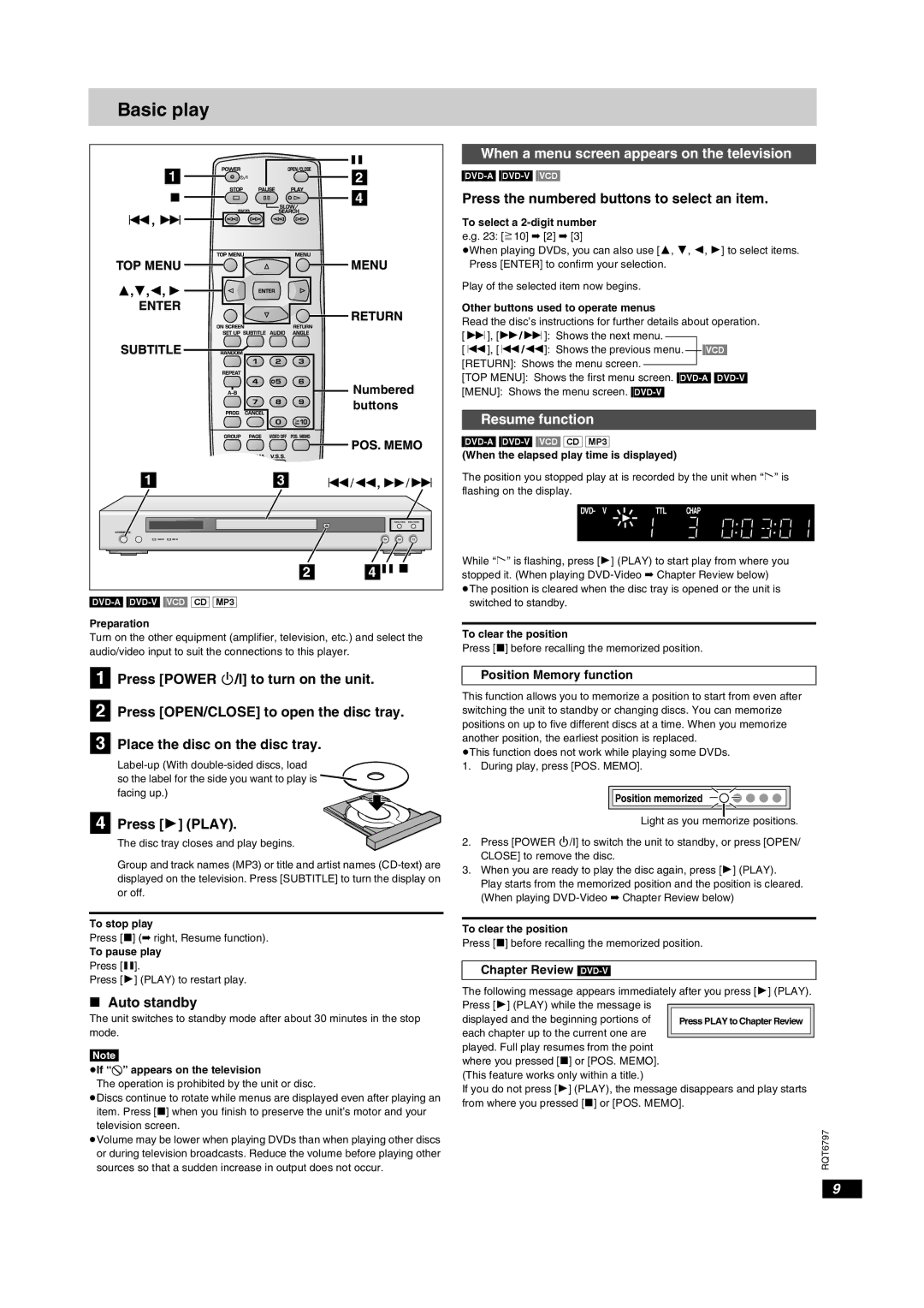 Yamaha DVD-S830 owner manual Basic play, When a menu screen appears on the television, Resume function 