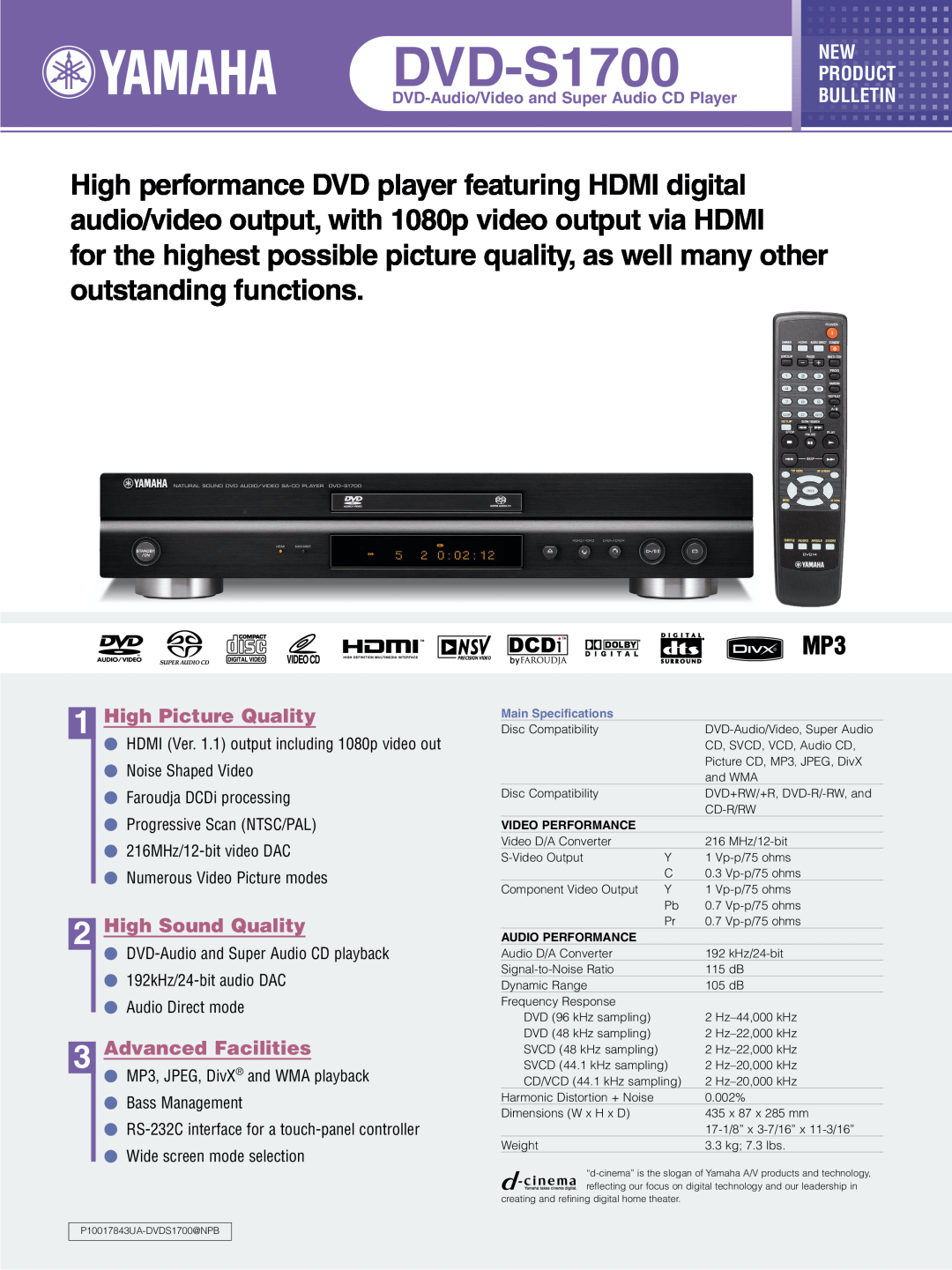 Yamaha DVD1700 specifications DVD-Audio/Video and Super Audio CD Player, DVD-S1700, High Picture Quality, Product 