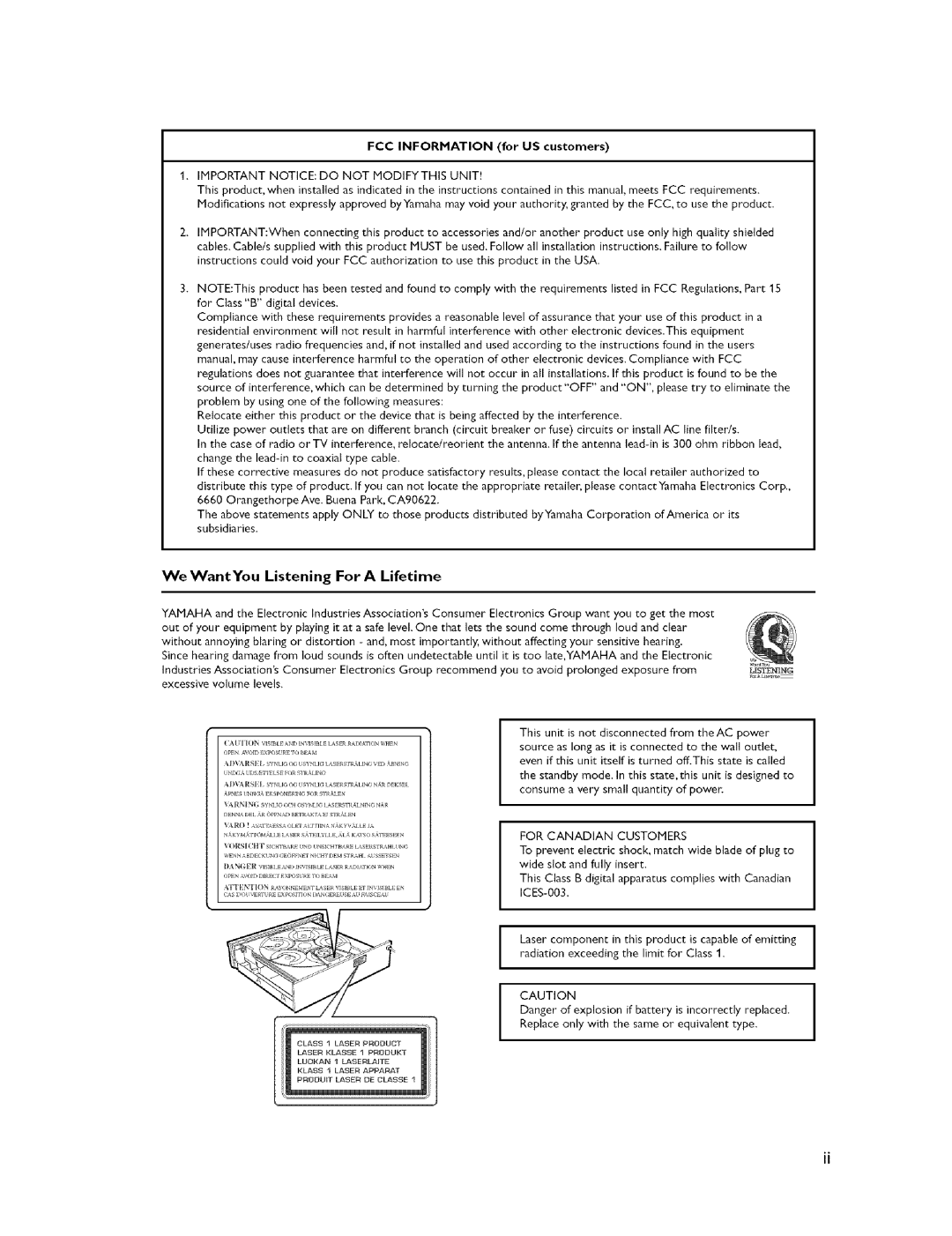 Yamaha NX-S300, DVX-C300, NX-C300, DVR-C300, NX-F300 FCC Information for US customers, Important Noticedo not Modifythis Unit 