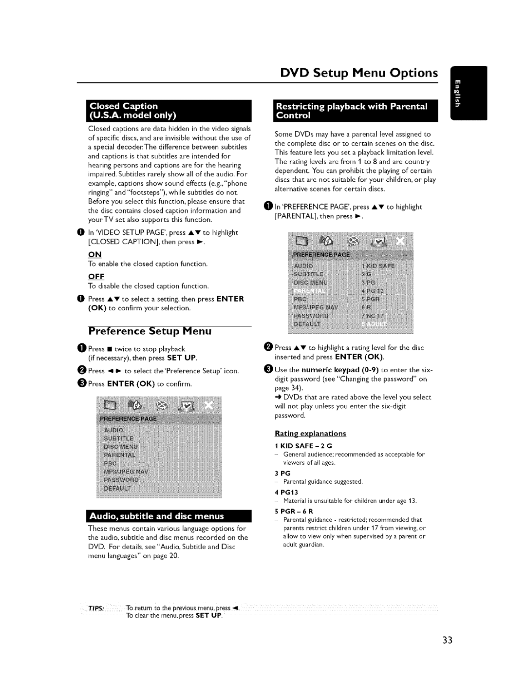 Yamaha DVR-C300, DVX-C300, NX-C300 Preference Setup Menu, Off, Preference PAGE,press AV to highlight PARENTAL, then press 