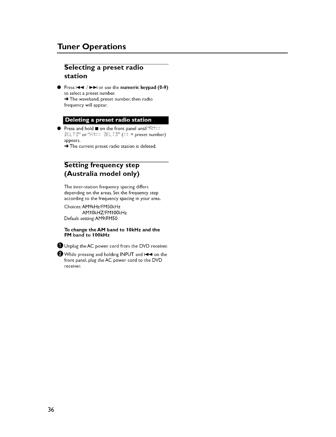 Yamaha NX-F300, DVX-C300, NX-C300, DVR-C300 Setting frequency step Australia model only, Selecting a preset radio Station 