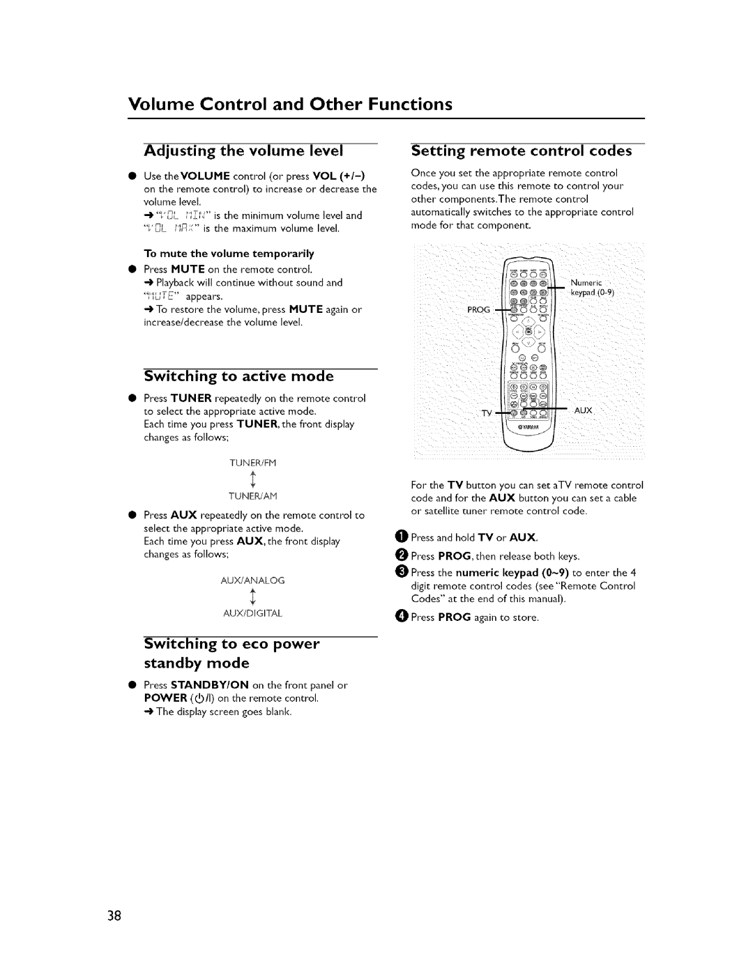 Yamaha DVX-C300, NX-C300 Volume Control and Other Functions, Setting remote control codes, Adjusting the volume level 