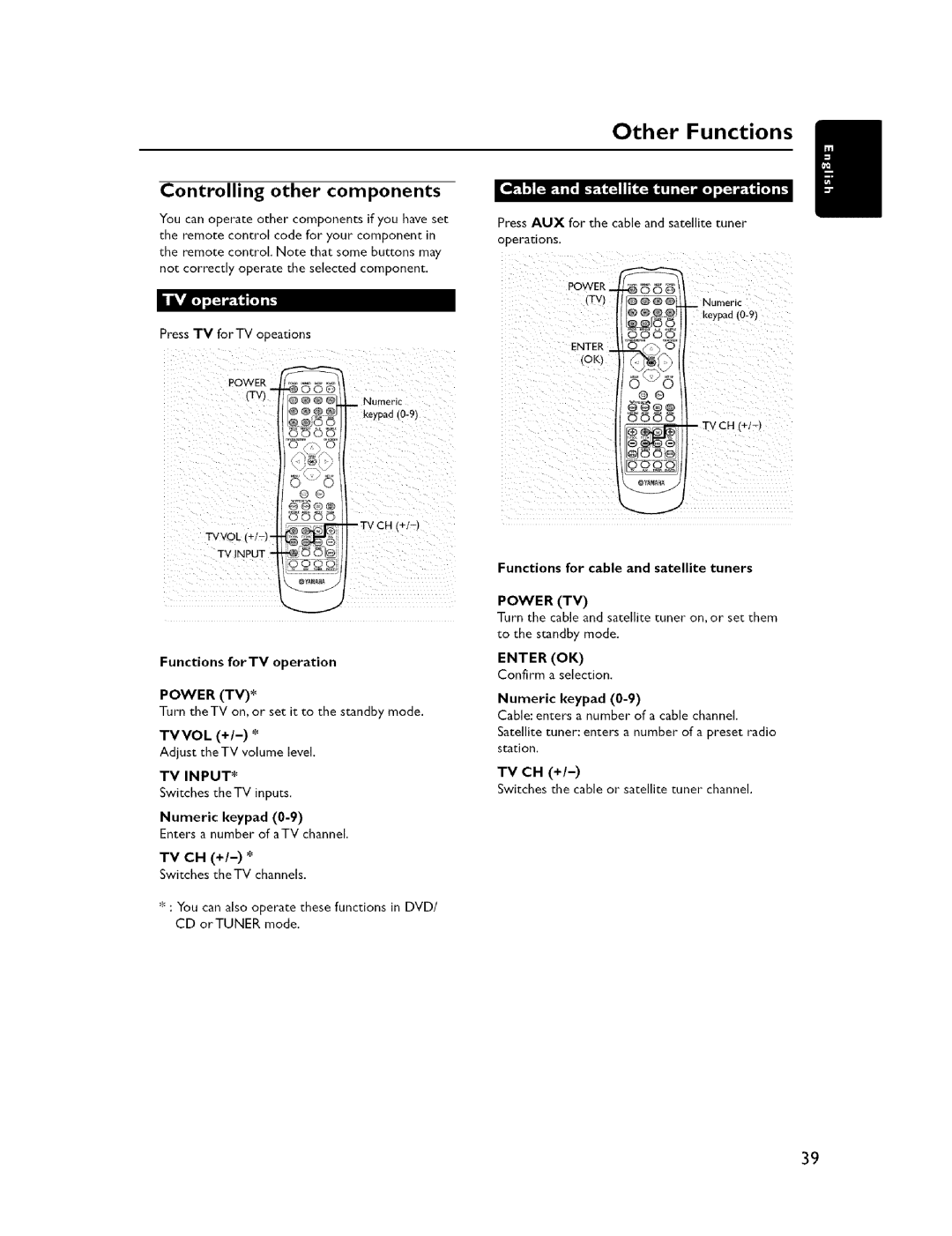 Yamaha NX-C300, DVX-C300, DVR-C300, NX-S300, NX-SW300 Other Functions, Controlling other components, Power TV, TV Input 