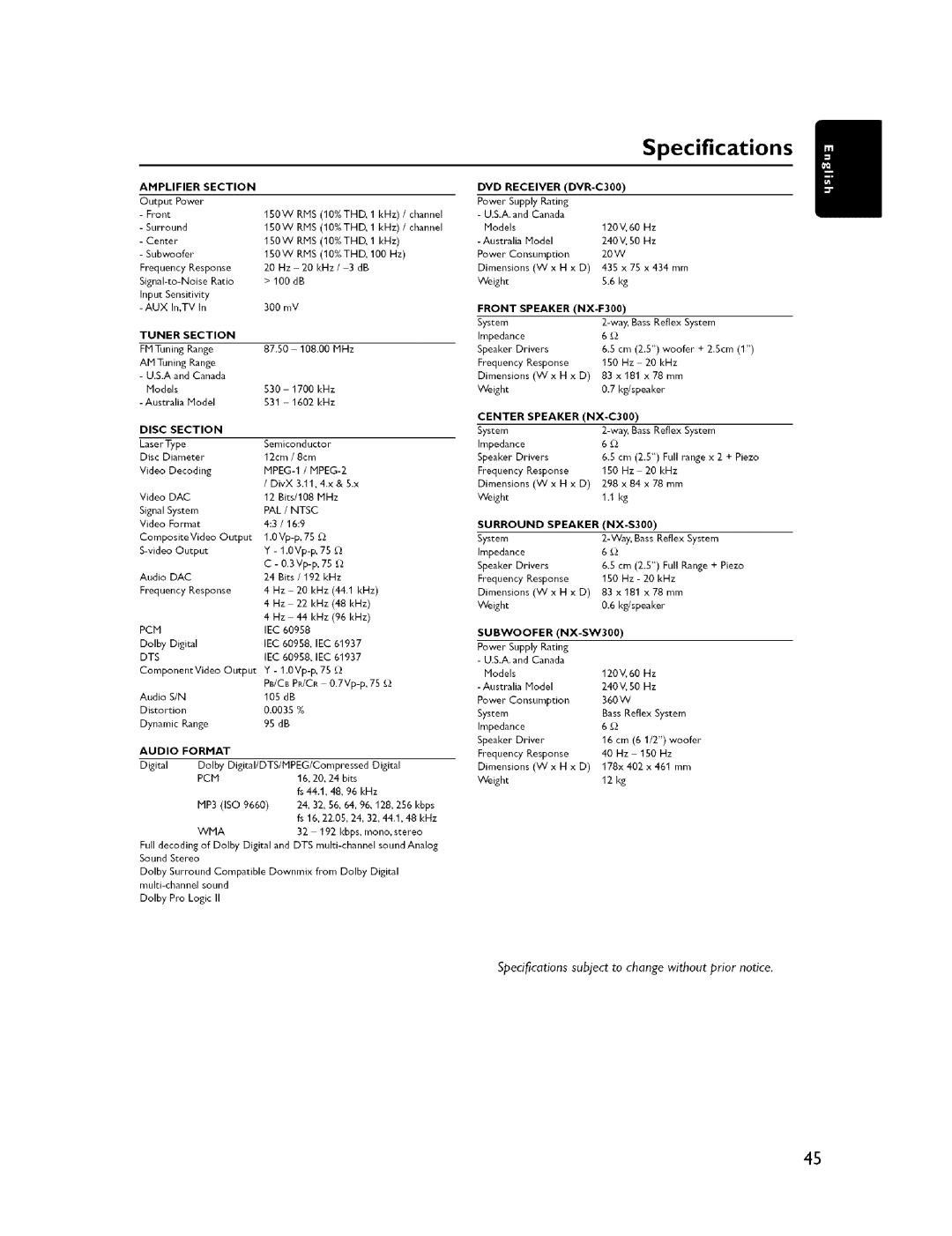 Yamaha NX-C300, DVR-C300, NX-S300, NX-SW300, NX-F300, DVX-C300SW owner manual Specifications, Amplifier 