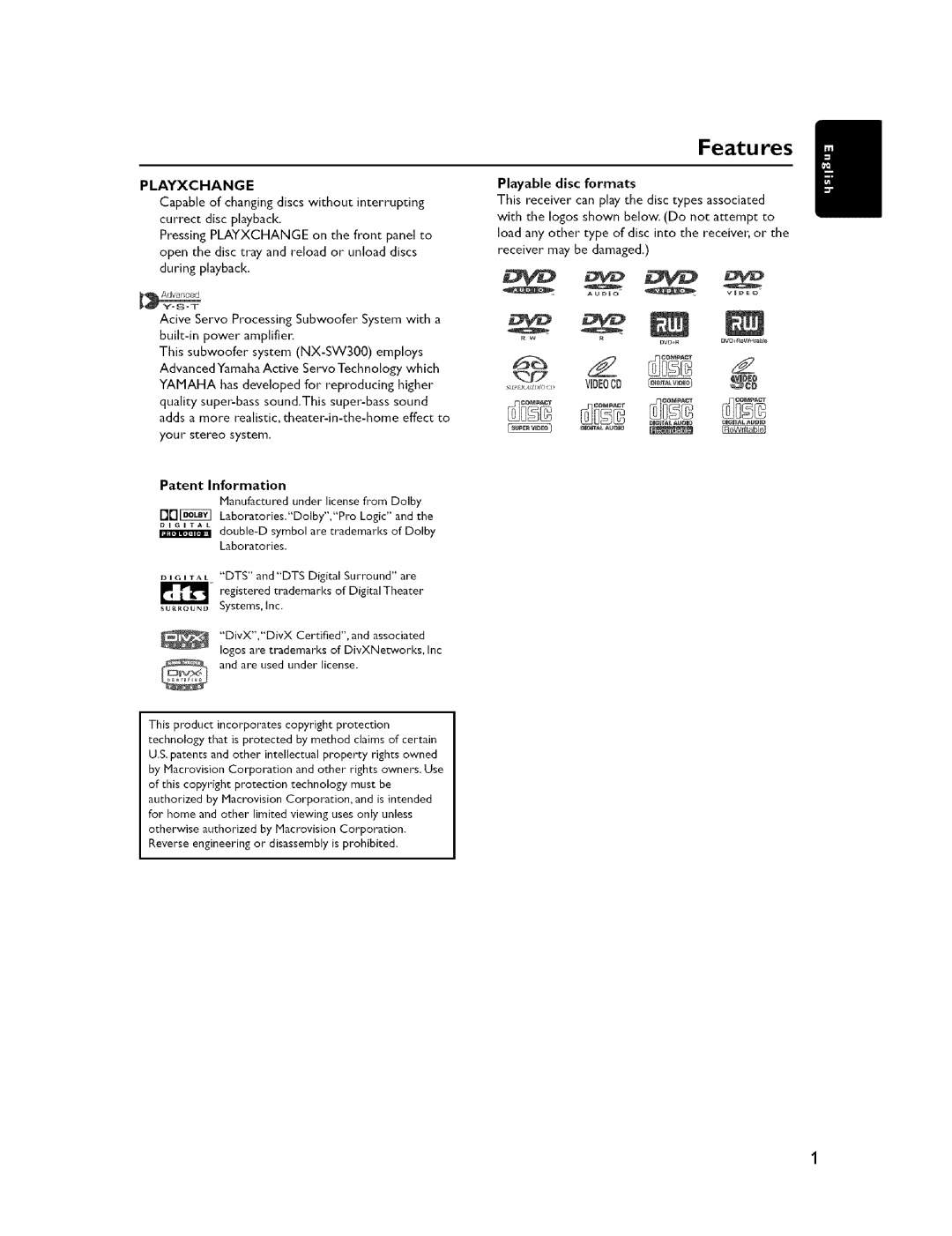 Yamaha NX-F300, DVX-C300 Features, Playxchange, Capable of changing discs without interrupting, Playable disc formats 