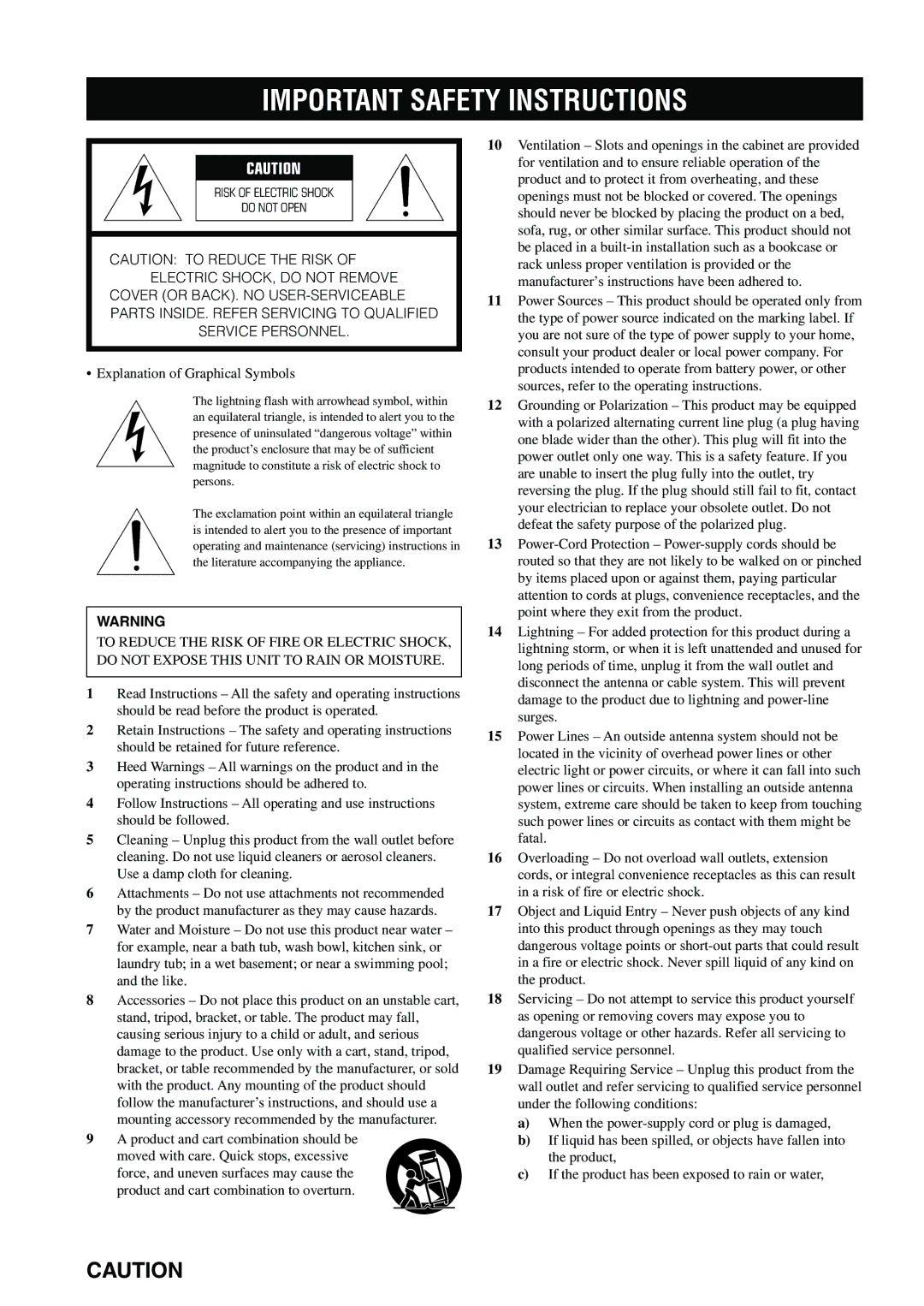 Yamaha DVX-S100 owner manual Important Safety Instructions, Explanation of Graphical Symbols 