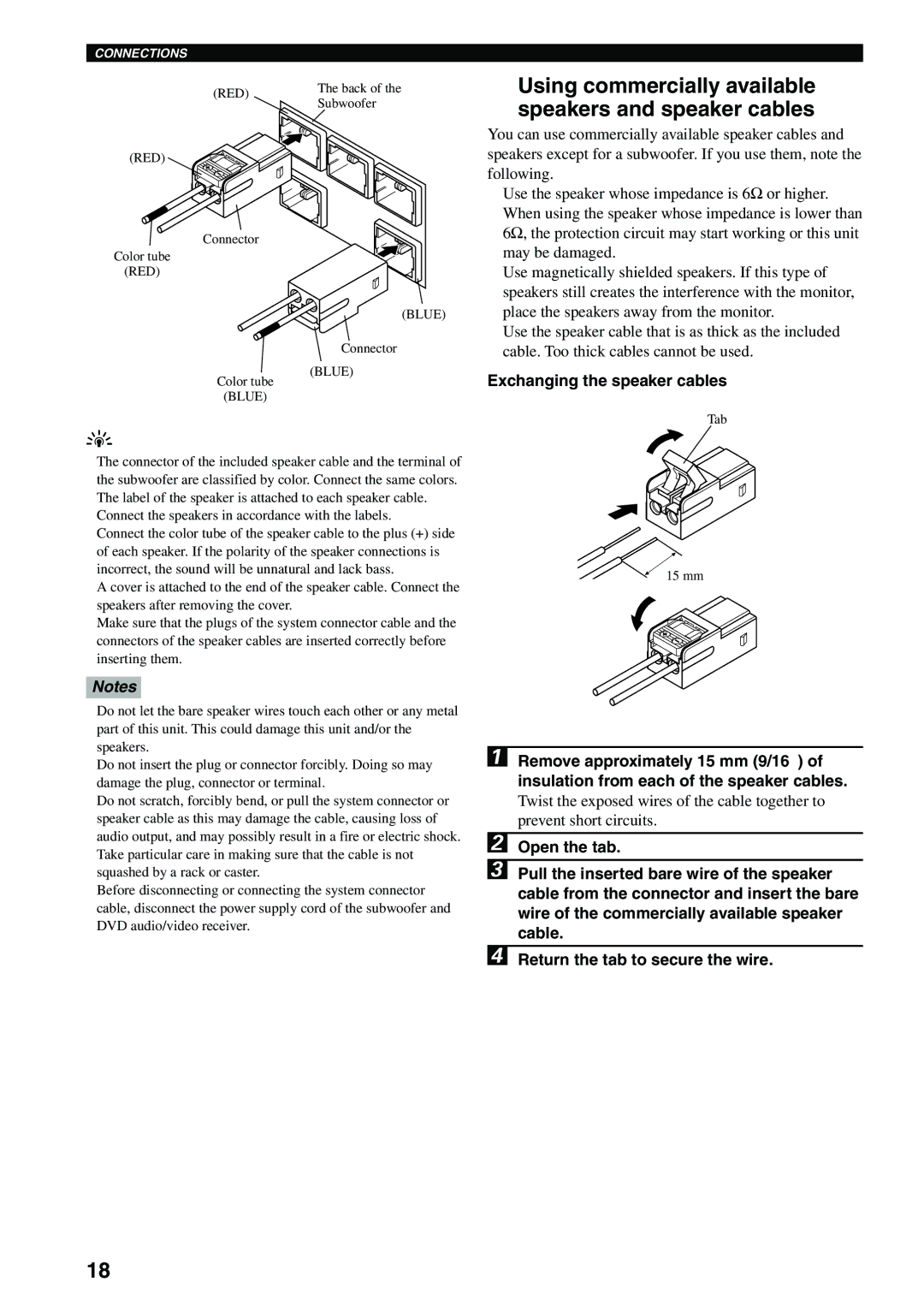 Yamaha DVX-S100 owner manual Using commercially available speakers and speaker cables, Exchanging the speaker cables 