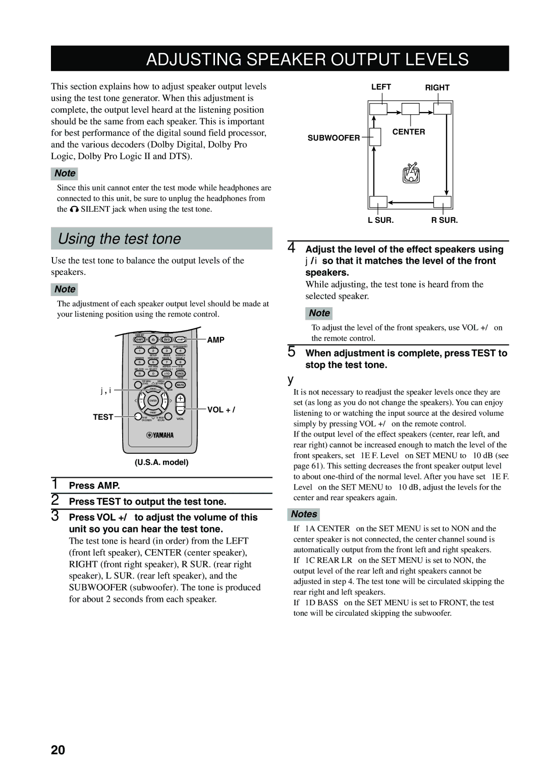 Yamaha DVX-S100 Adjusting Speaker Output Levels, Using the test tone, Left Right Center Subwoofer SUR, Amp, Test 