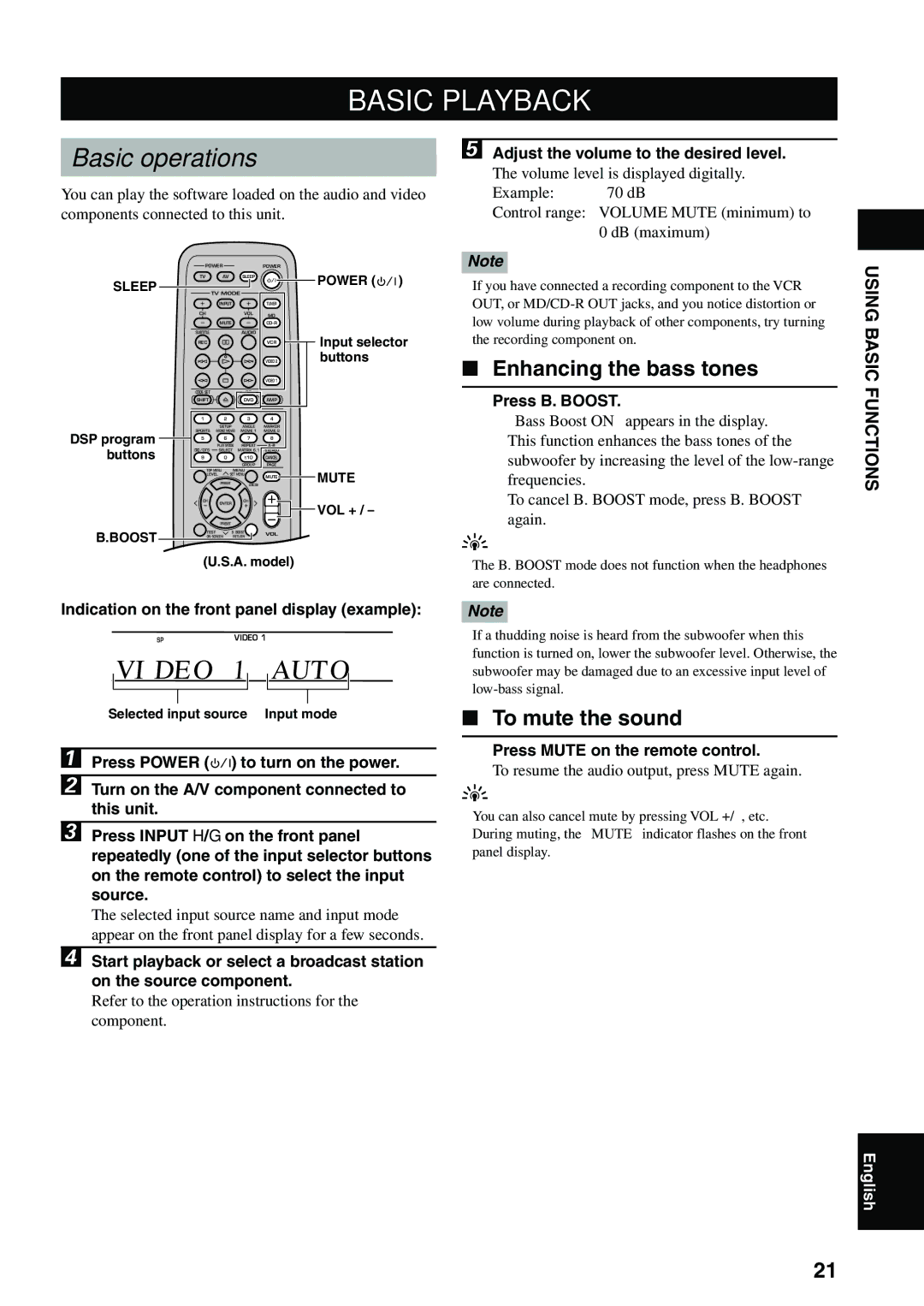 Yamaha DVX-S100 owner manual Basic Playback, Basic operations, Enhancing the bass tones, To mute the sound 