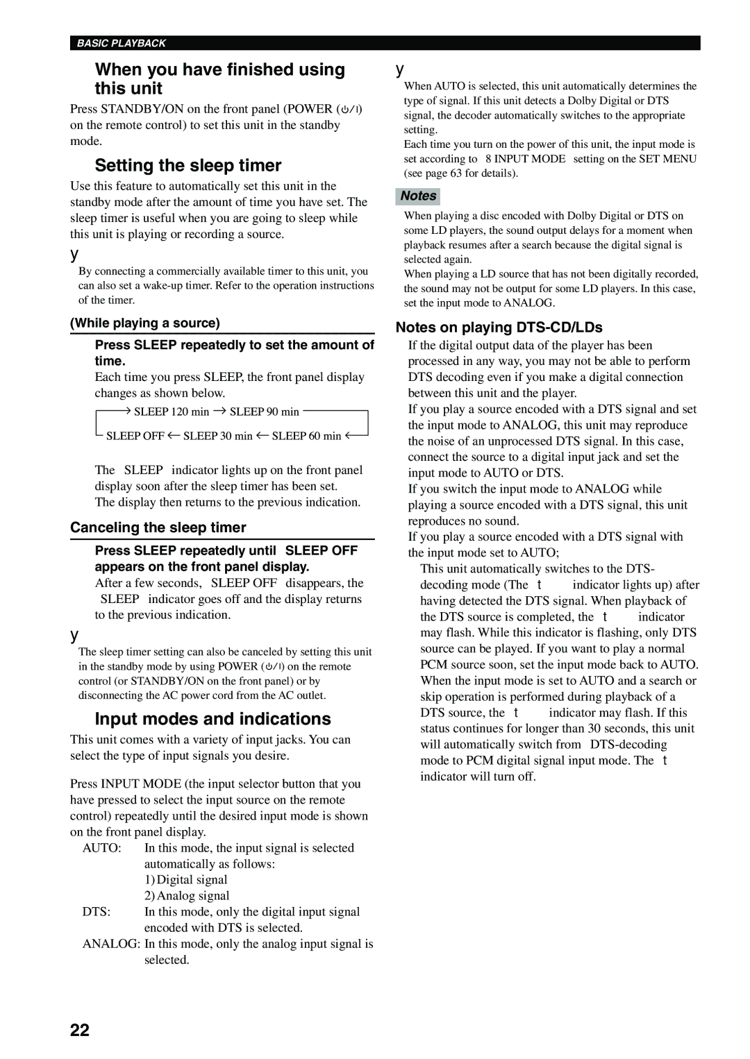 Yamaha DVX-S100 owner manual When you have finished using this unit, Setting the sleep timer, Input modes and indications 