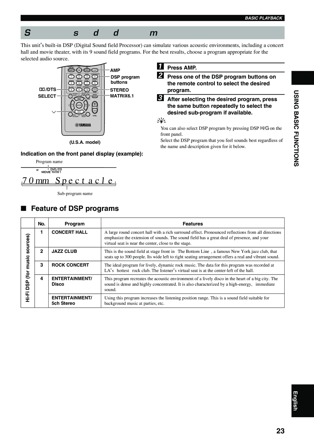 Yamaha DVX-S100 owner manual Selecting a sound field program, Feature of DSP programs, Using, Basic Functions 