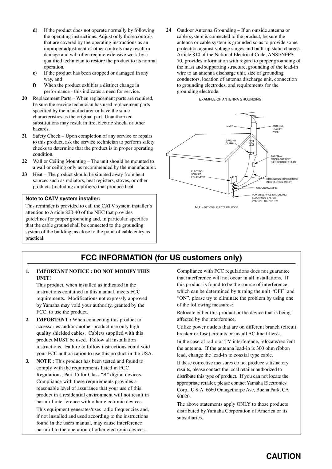 Yamaha DVX-S100 owner manual FCC Information for US customers only, Example of Antenna Grounding 