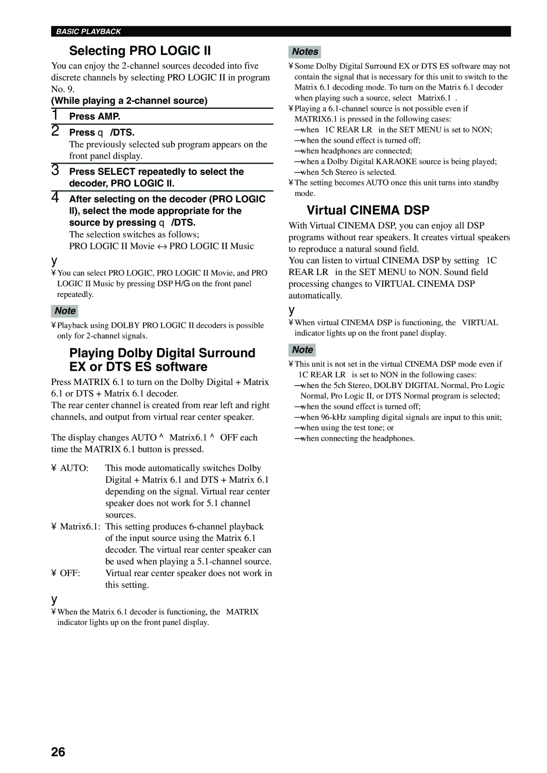 Yamaha DVX-S100 owner manual Selecting PRO Logic, Playing Dolby Digital Surround EX or DTS ES software, Virtual Cinema DSP 