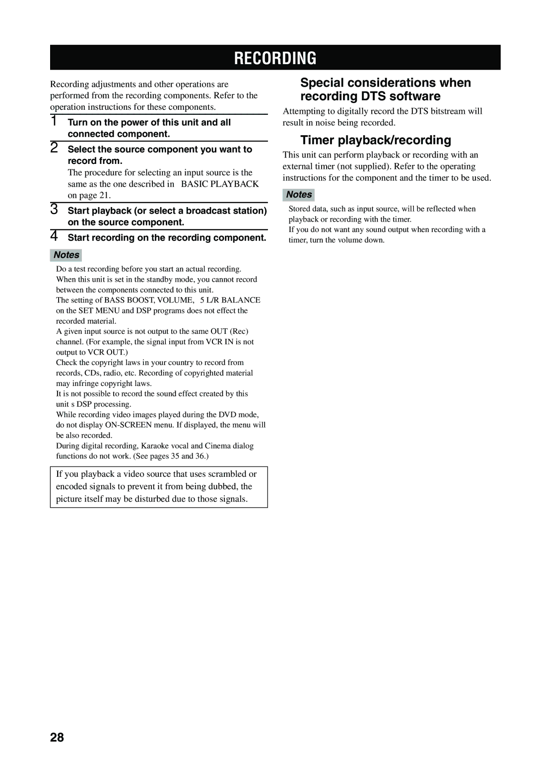 Yamaha DVX-S100 owner manual Recording, Special considerations when recording DTS software, Timer playback/recording 