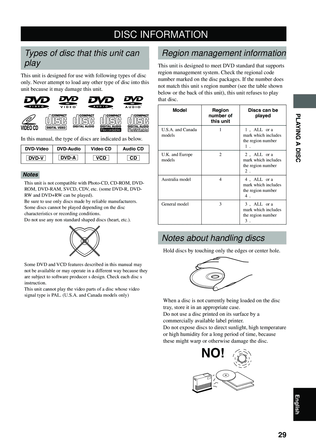 Yamaha DVX-S100 owner manual Disc Information, Types of disc that this unit can Play, Playing a Disc 