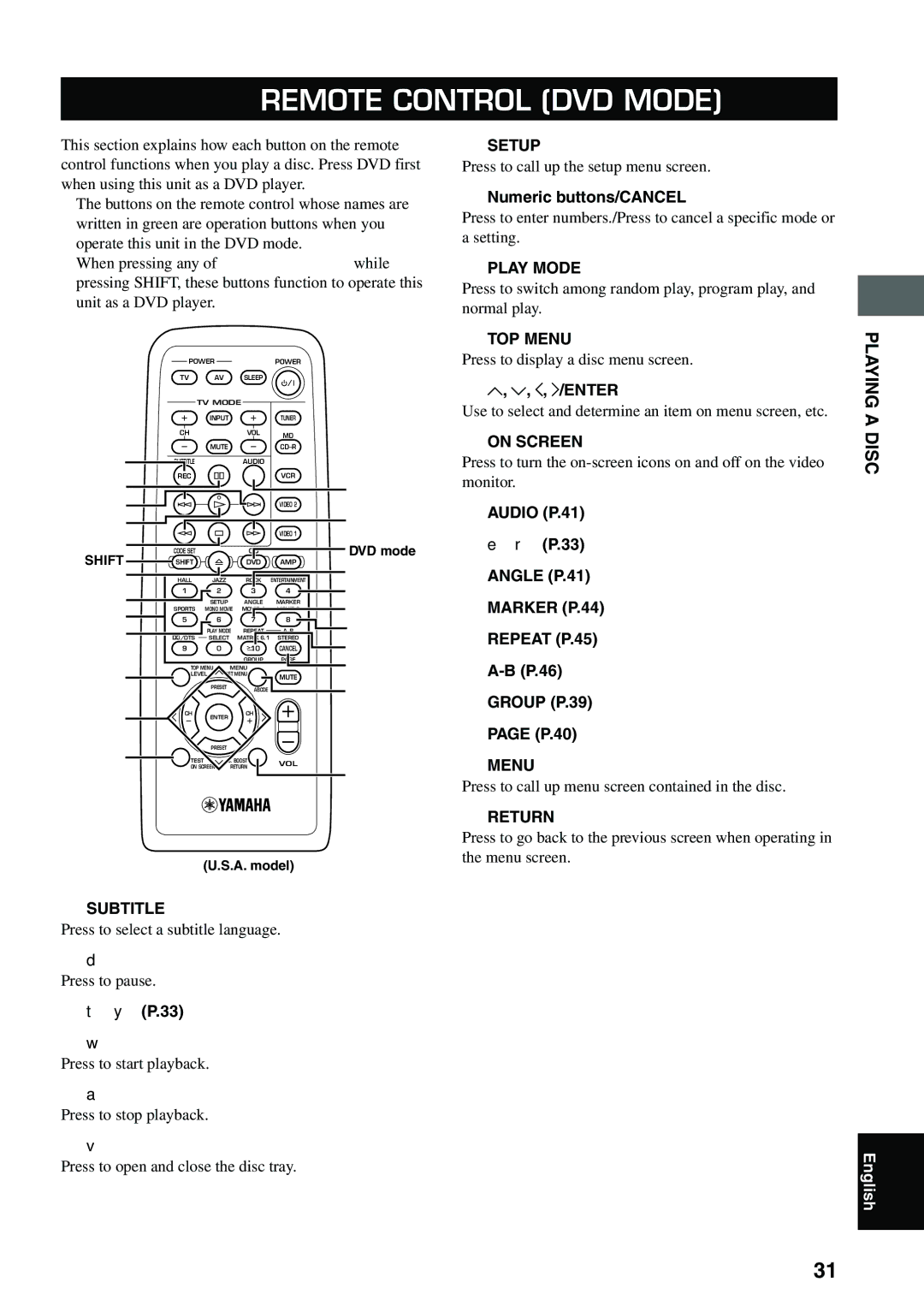 Yamaha DVX-S100 owner manual Remote Control DVD Mode, Subtitle, Setup, Play Mode, TOP Menu 