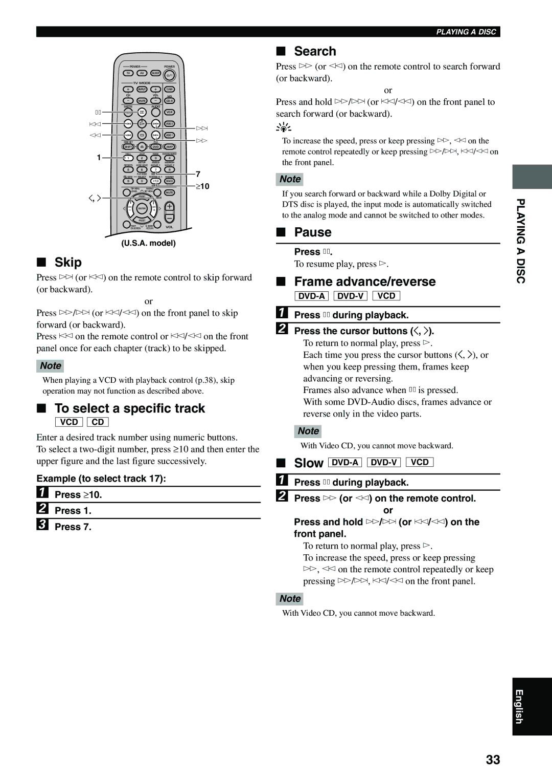 Yamaha DVX-S100 owner manual Skip, To select a specific track, Search, Pause, Frame advance/reverse 