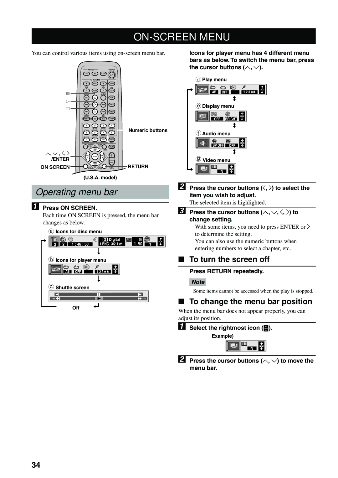 Yamaha DVX-S100 owner manual ON-SCREEN Menu, Operating menu bar, To turn the screen off, To change the menu bar position 