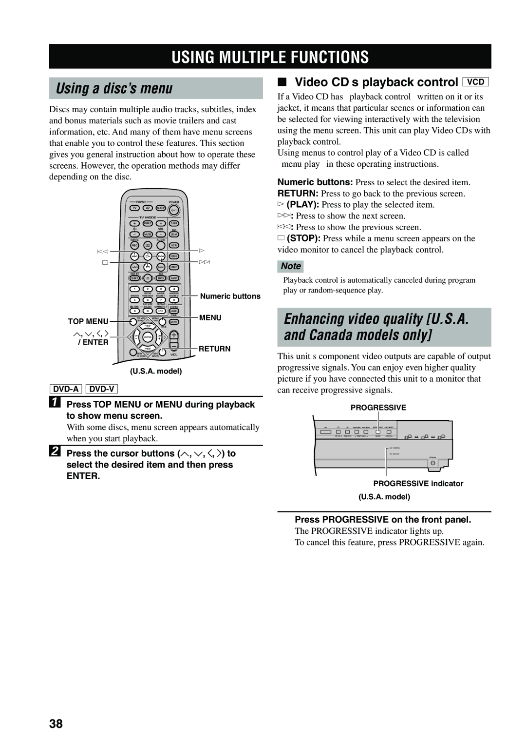 Yamaha DVX-S100 Using Multiple Functions, Using a disc’s menu, Enhancing video quality U.S.A Canada models only, Enter 