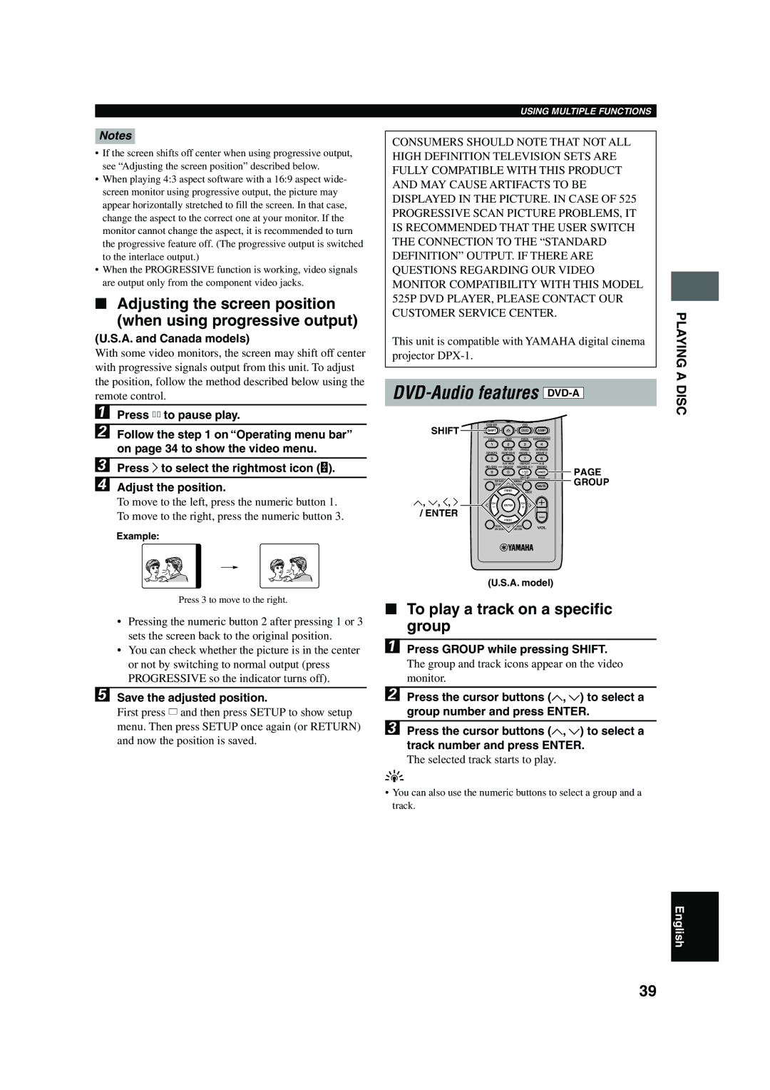 Yamaha DVX-S100 Adjusting the screen position when using progressive output, To play a track on a specific group 