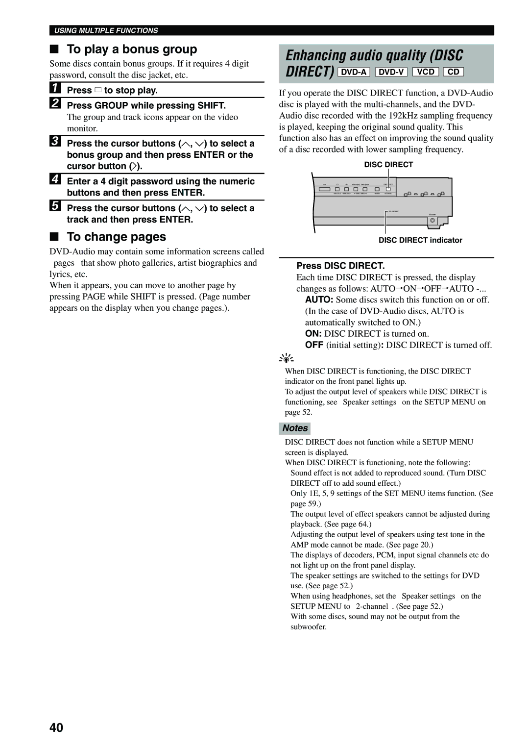 Yamaha DVX-S100 owner manual Enhancing audio quality Disc, To play a bonus group, To change pages, Press Disc Direct 