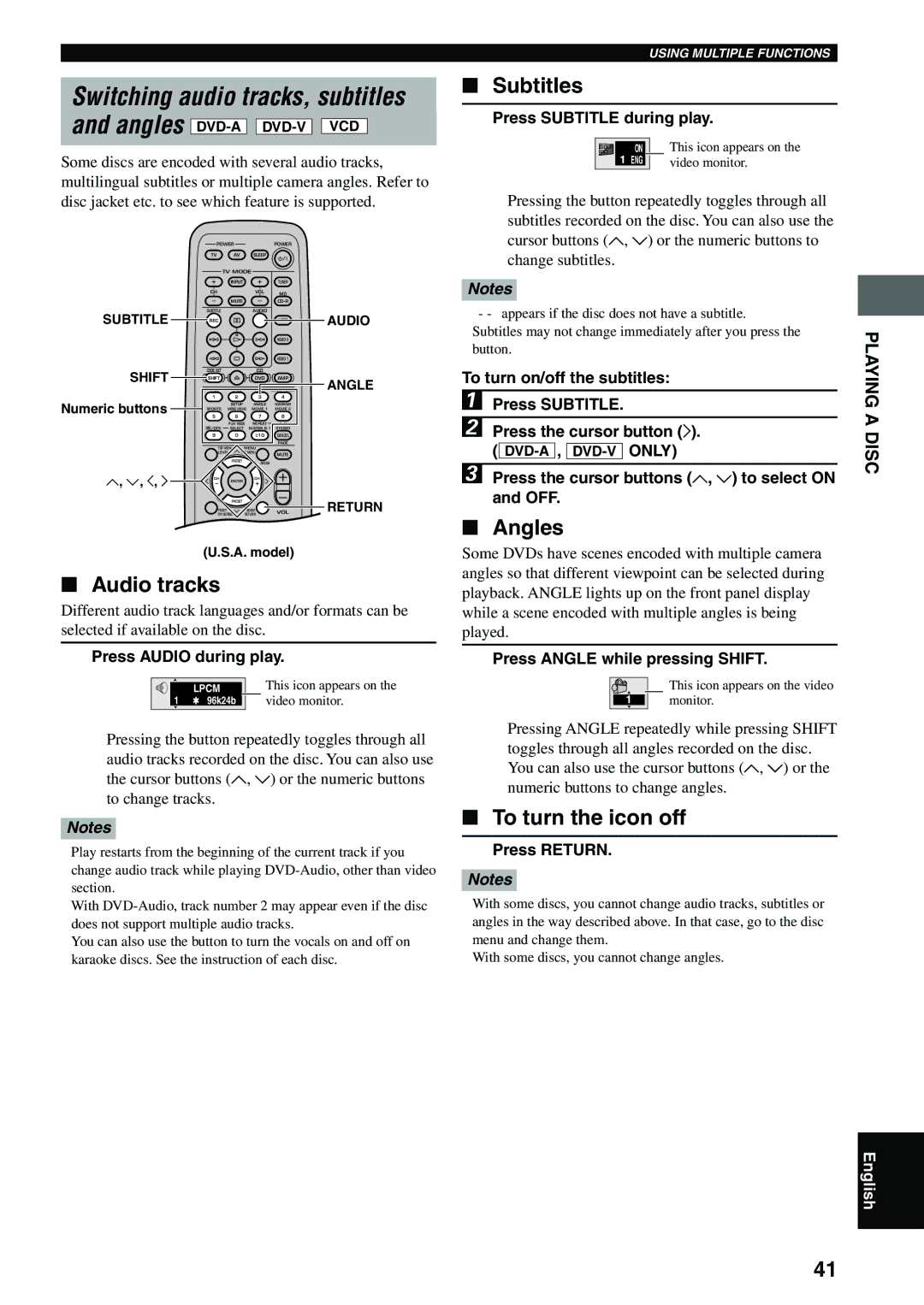 Yamaha DVX-S100 owner manual Audio tracks, Subtitles, Angles, To turn the icon off 