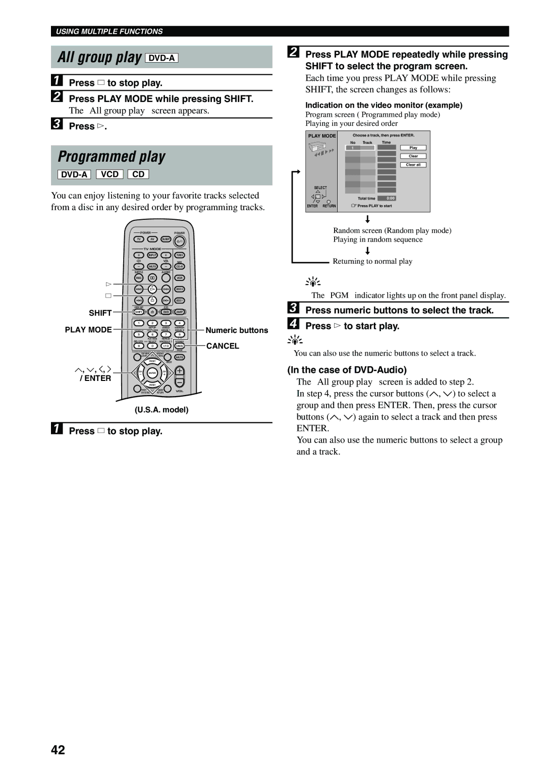 Yamaha DVX-S100 owner manual Programmed play, Press a to stop play Press Play Mode while pressing Shift, Case of DVD-Audio 