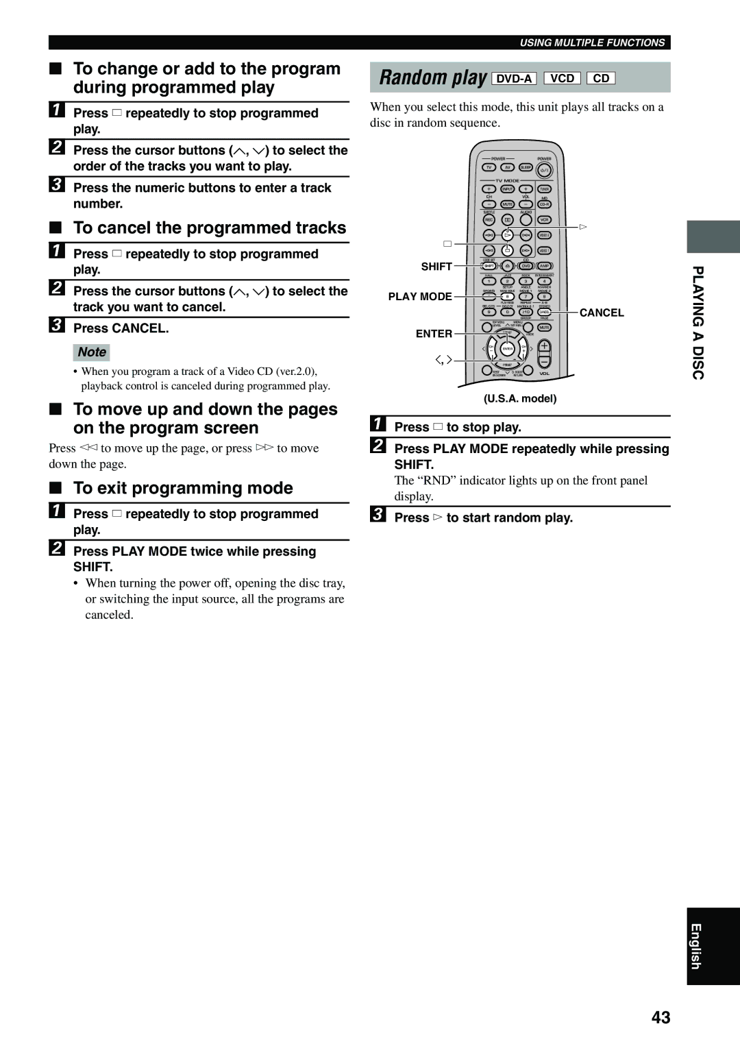 Yamaha DVX-S100 owner manual To change or add to the program during programmed play, To cancel the programmed tracks, Shift 