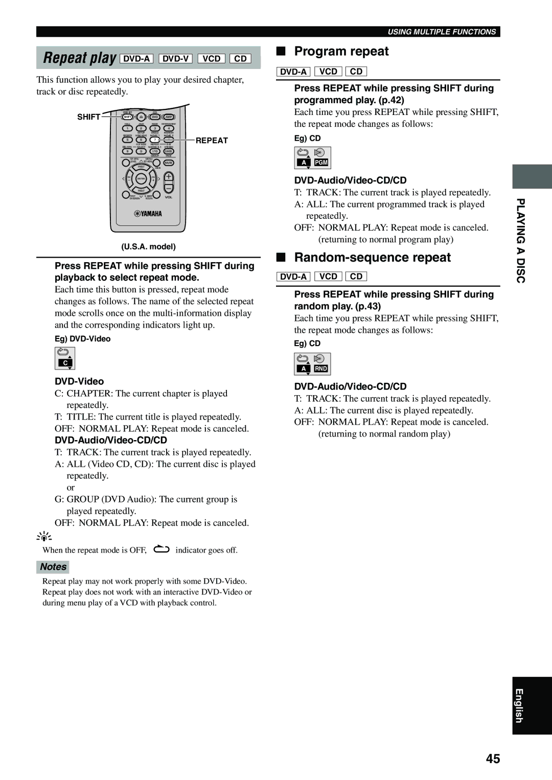 Yamaha DVX-S100 owner manual Program repeat, Random-sequence repeat, DVD-Video, DVD-Audio/Video-CD/CD 