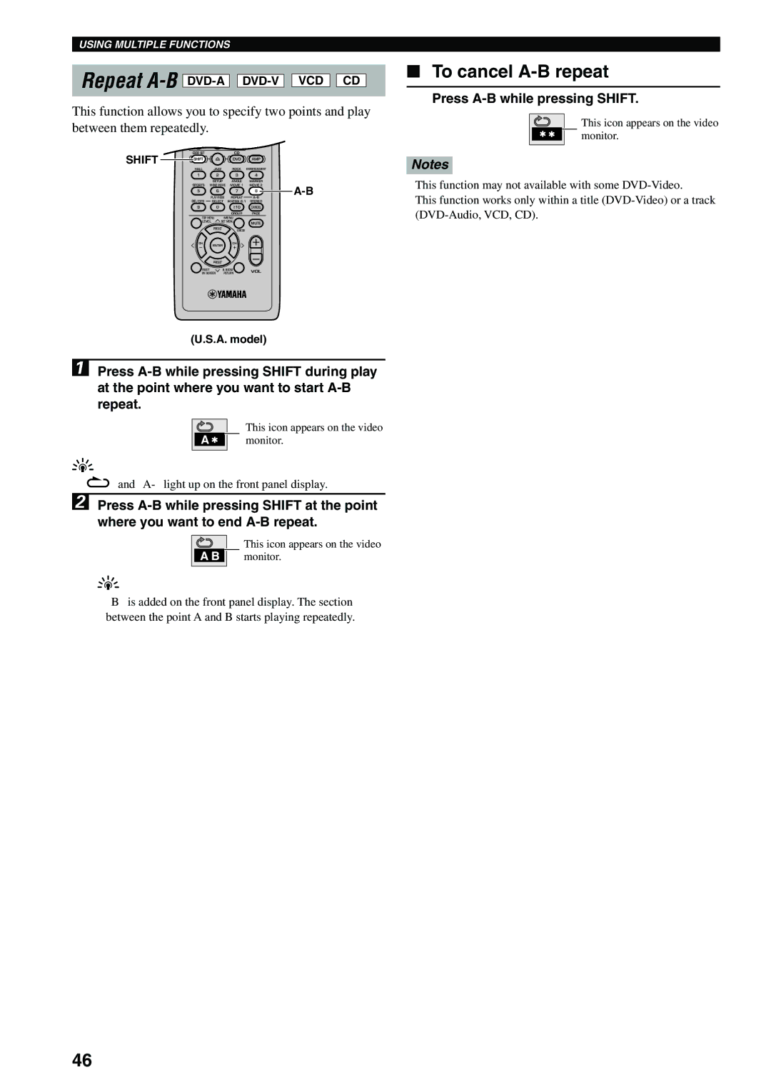 Yamaha DVX-S100 owner manual To cancel A-B repeat, Press A-B while pressing Shift, Repeat A-BDVD-A DVD-V VCD CD 