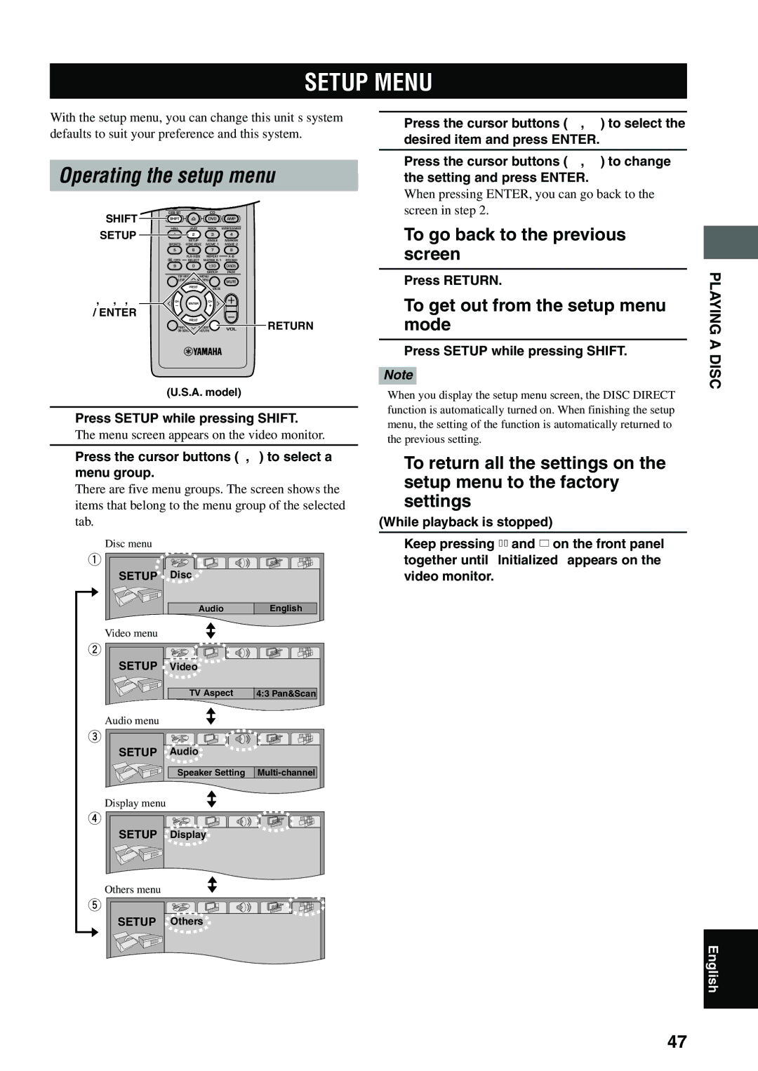 Yamaha DVX-S100 owner manual Setup Menu, Operating the setup menu, To go back to the previous screen 