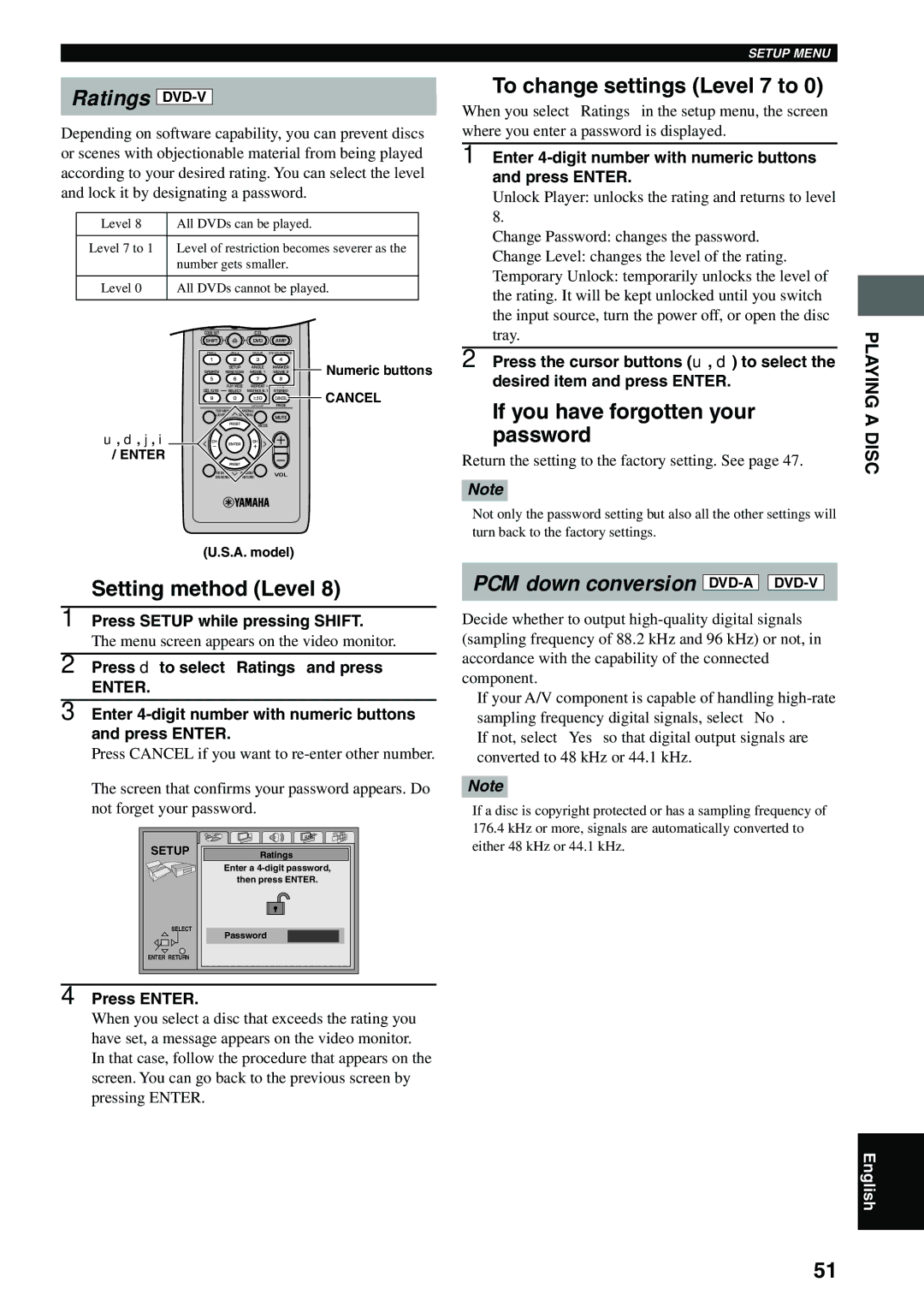 Yamaha DVX-S100 Ratings DVD-V, To change settings Level 7 to, If you have forgotten your password, Setting method Level 