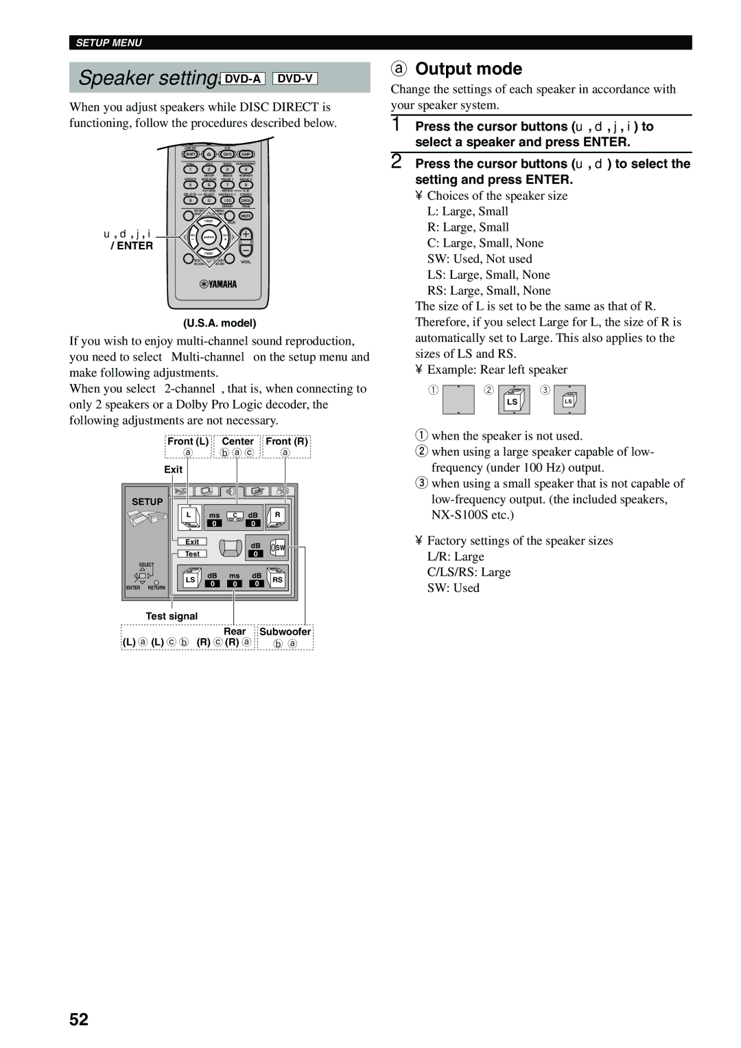 Yamaha DVX-S100 owner manual Speaker settings DVD-A DVD-V, Output mode 