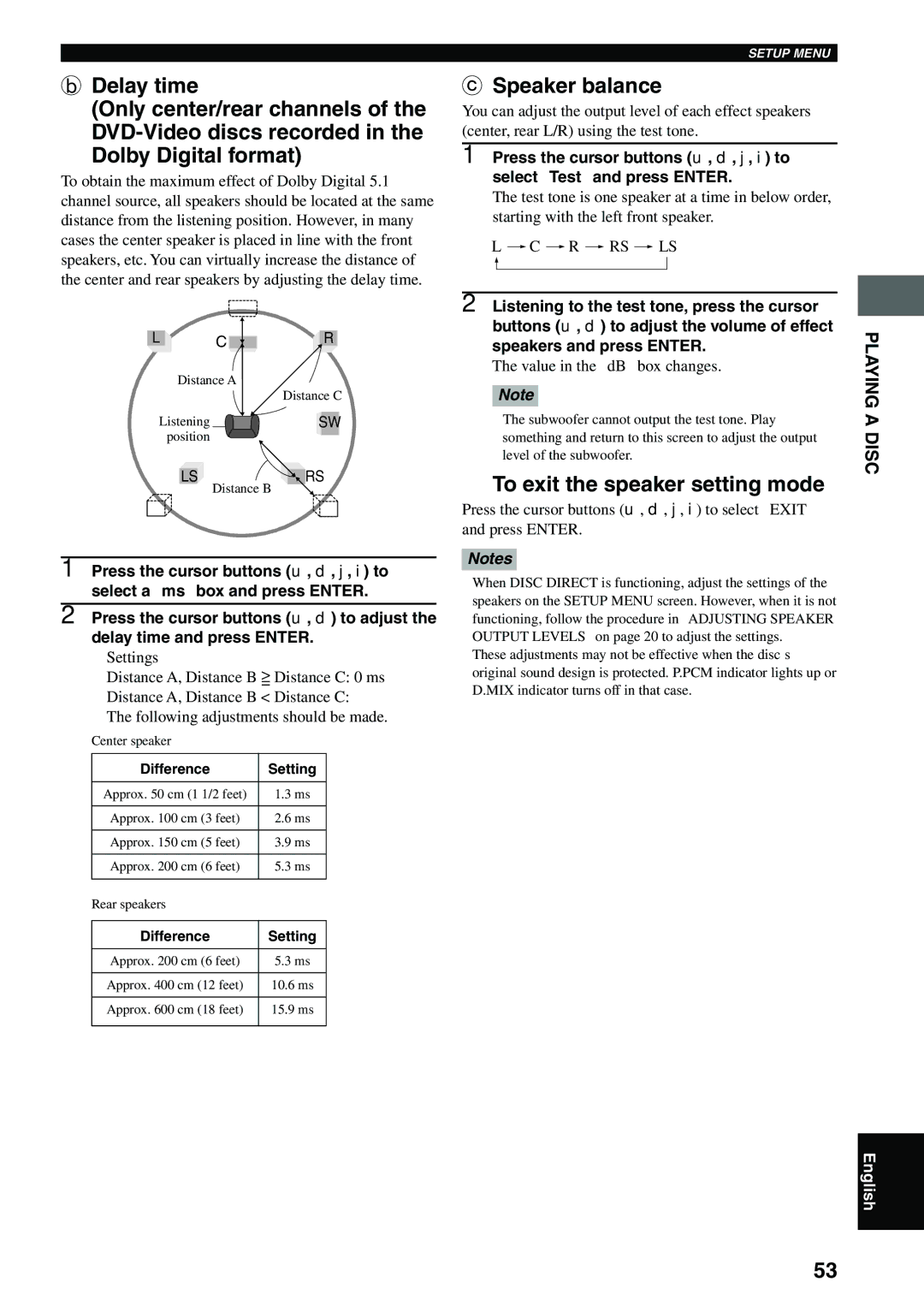 Yamaha DVX-S100 Speaker balance, To exit the speaker setting mode, Value in the dB box changes, Difference Setting 