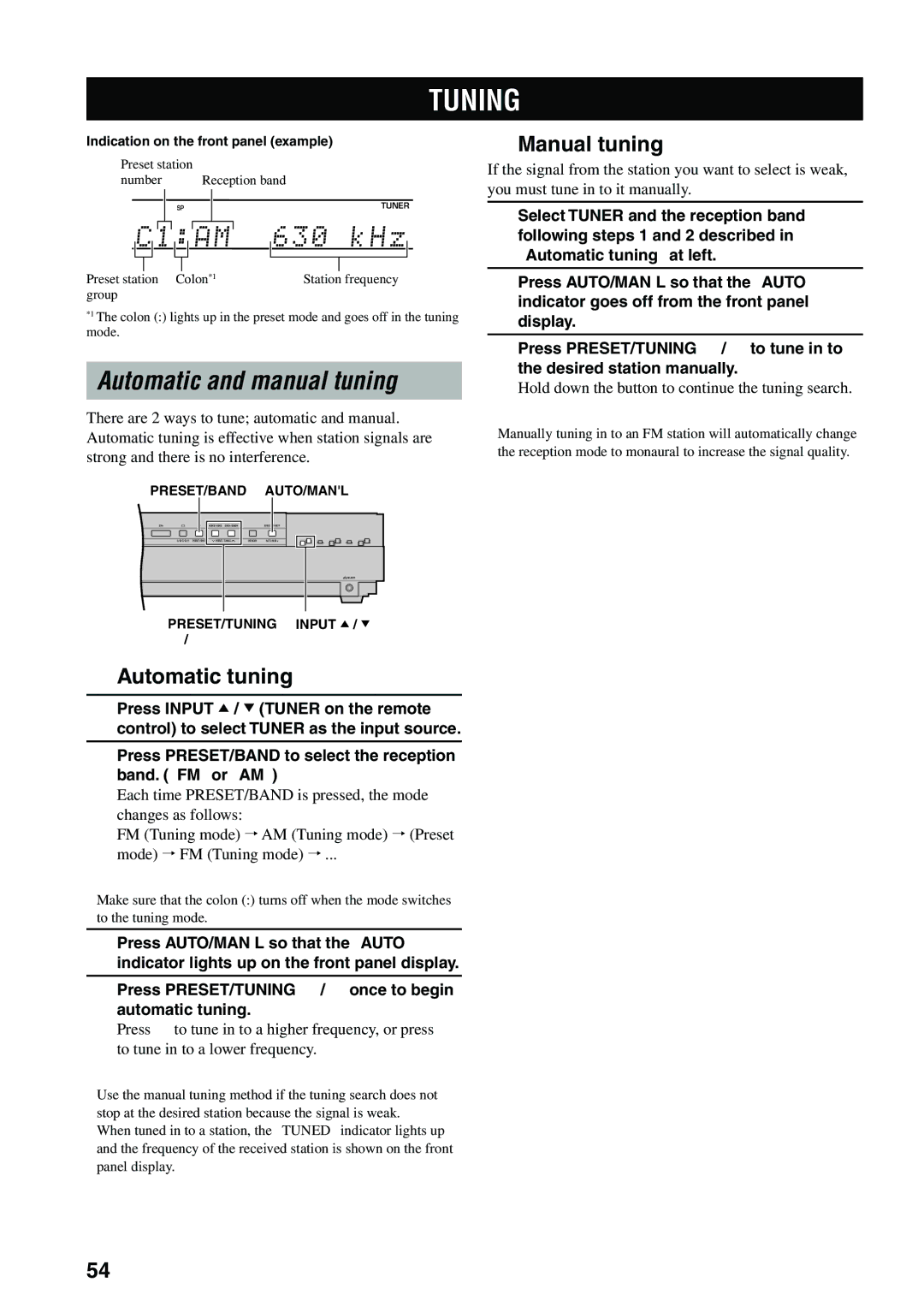 Yamaha DVX-S100 owner manual Tuning, Automatic and manual tuning, Automatic tuning, Manual tuning 