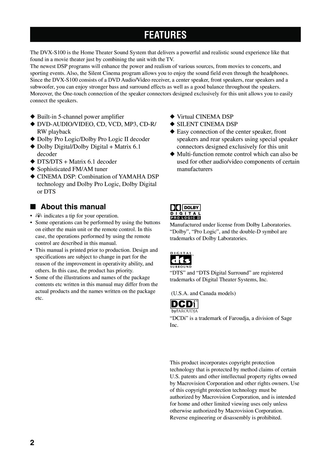 Yamaha DVX-S100 owner manual Features, About this manual 