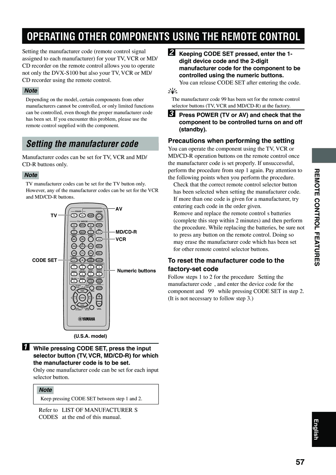 Yamaha DVX-S100 Setting the manufacturer code, Remote Control Features, You can release Code SET after entering the code 