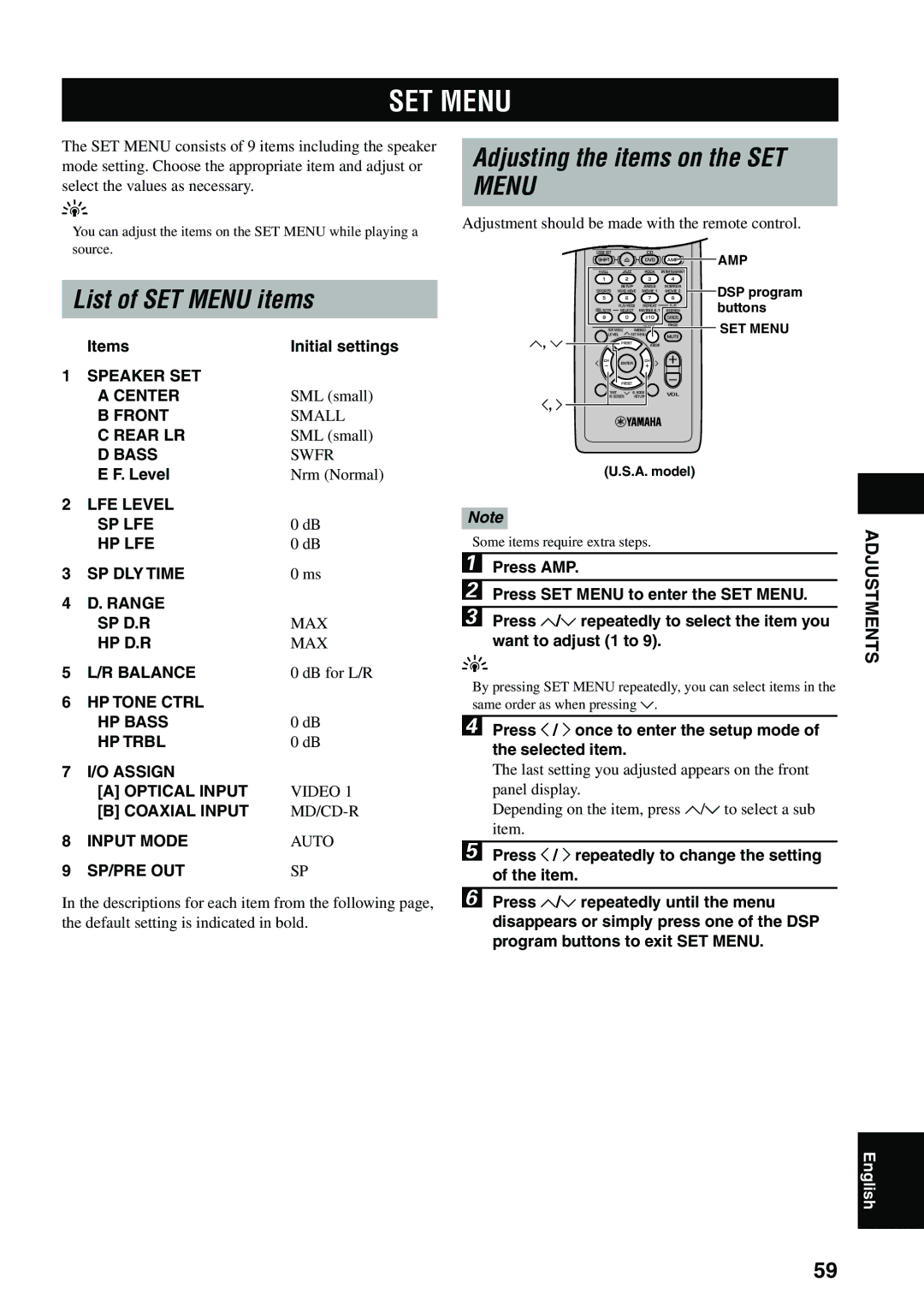 Yamaha DVX-S100 owner manual List of SET Menu items, Adjusting the items on the SET, Adjustments 