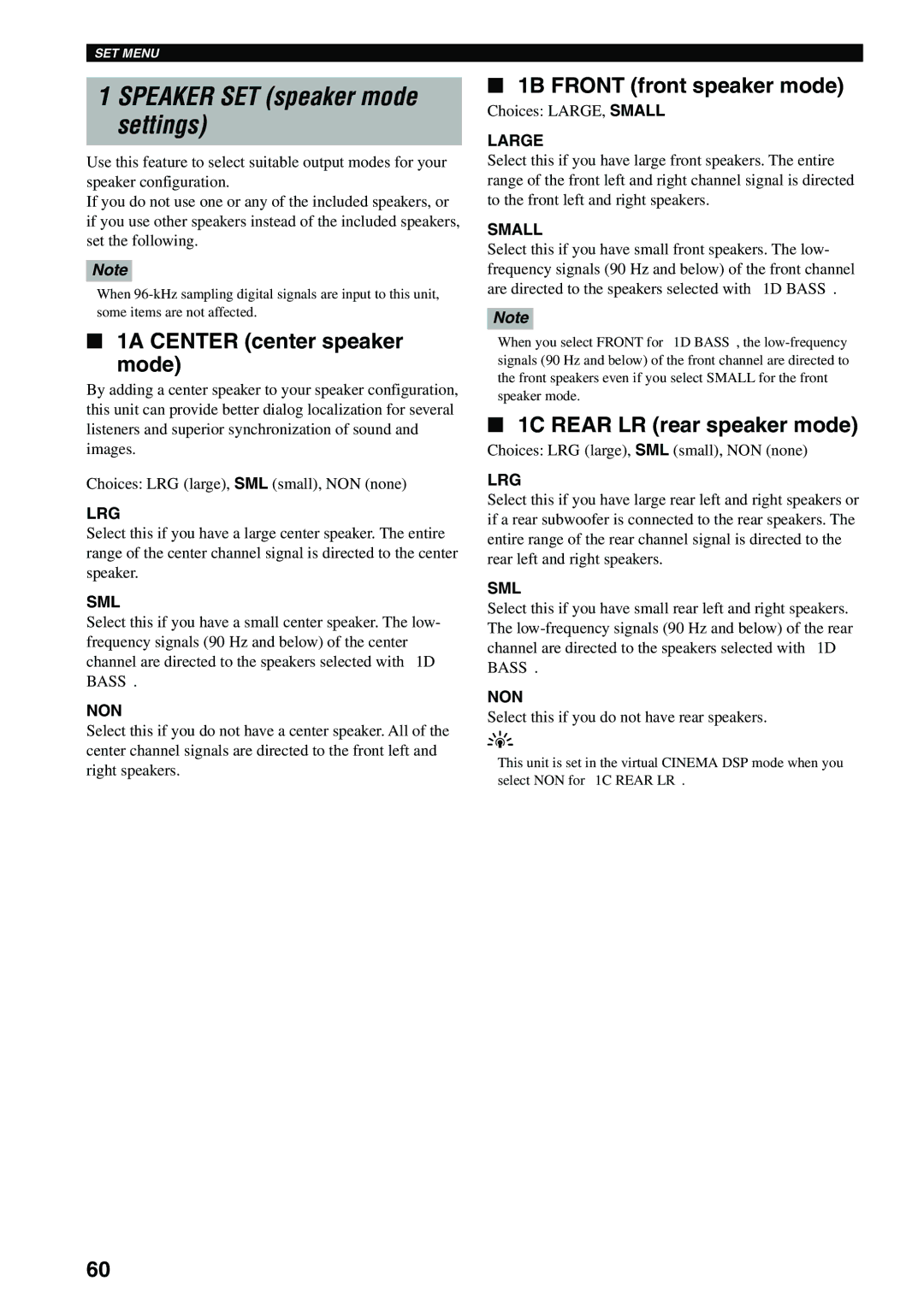 Yamaha DVX-S100 Settings, 1A Center center speaker mode, 1B Front front speaker mode, 1C Rear LR rear speaker mode 